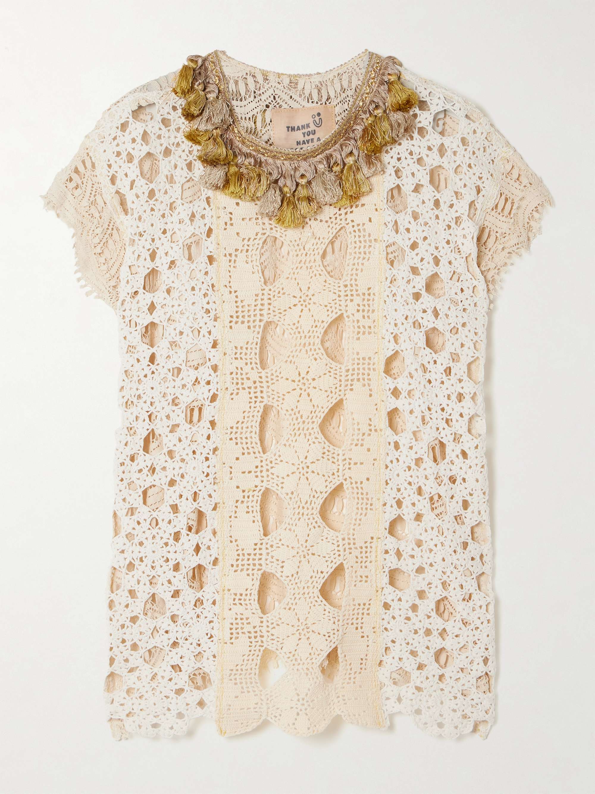 Tasseled patchwork crocheted cotton top hero visual