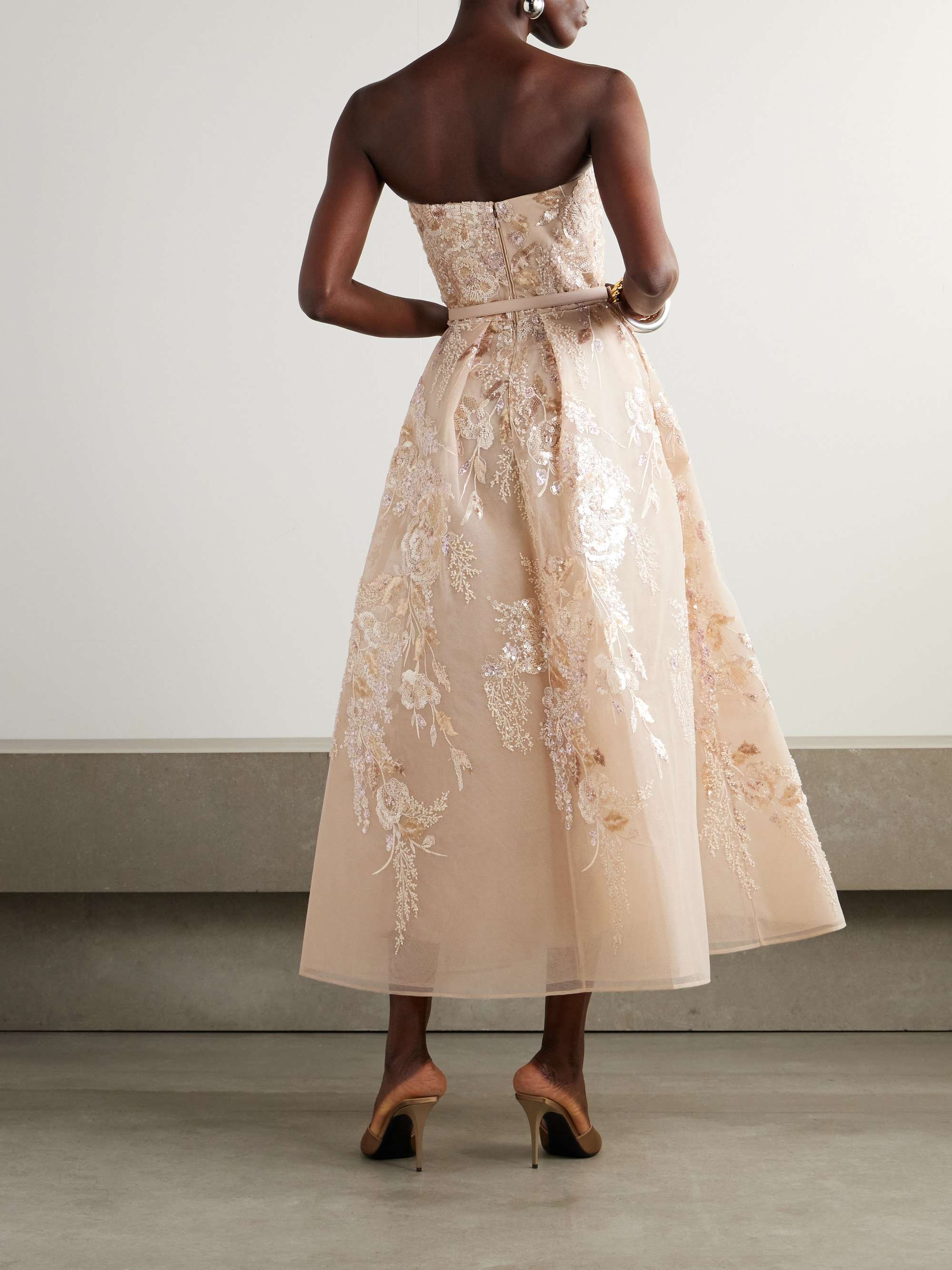 Belted strapless pleated embellished tulle midi dress view