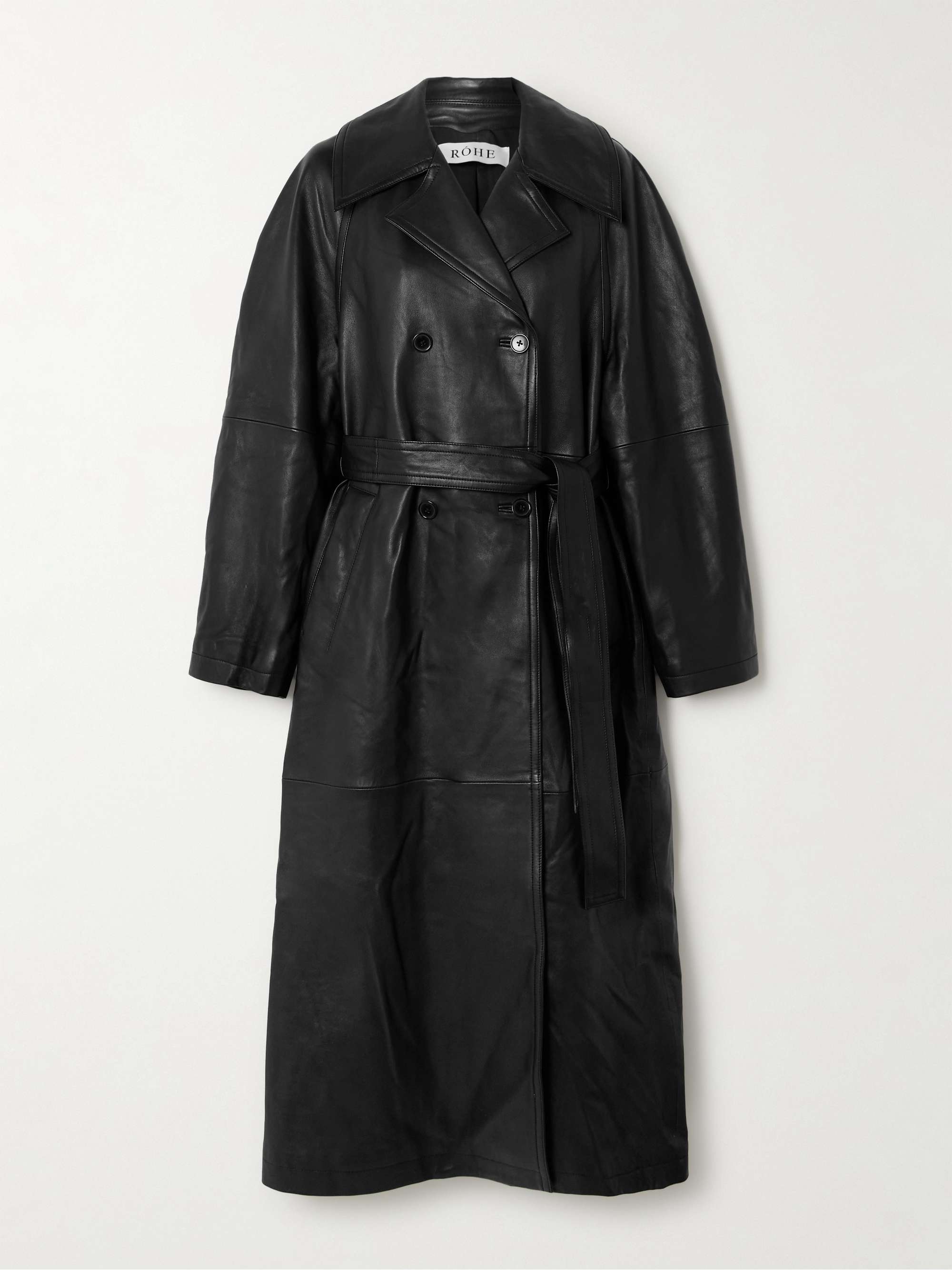 Belted double-breasted leather trench coat hero visual