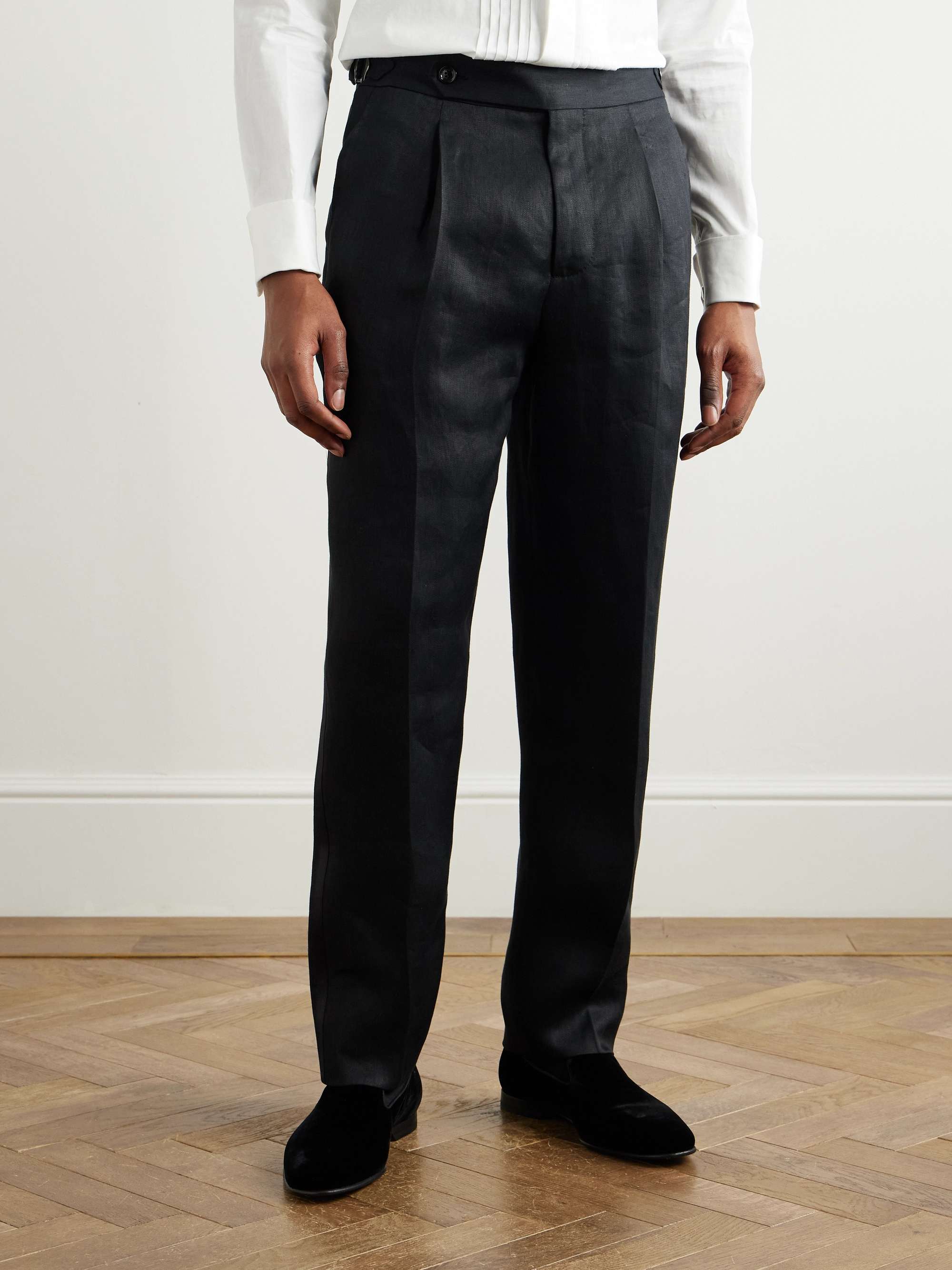 Tapered Pleated Cotton and Silk-Blend Satin-Trimmed Linen Tuxedo Trousers view