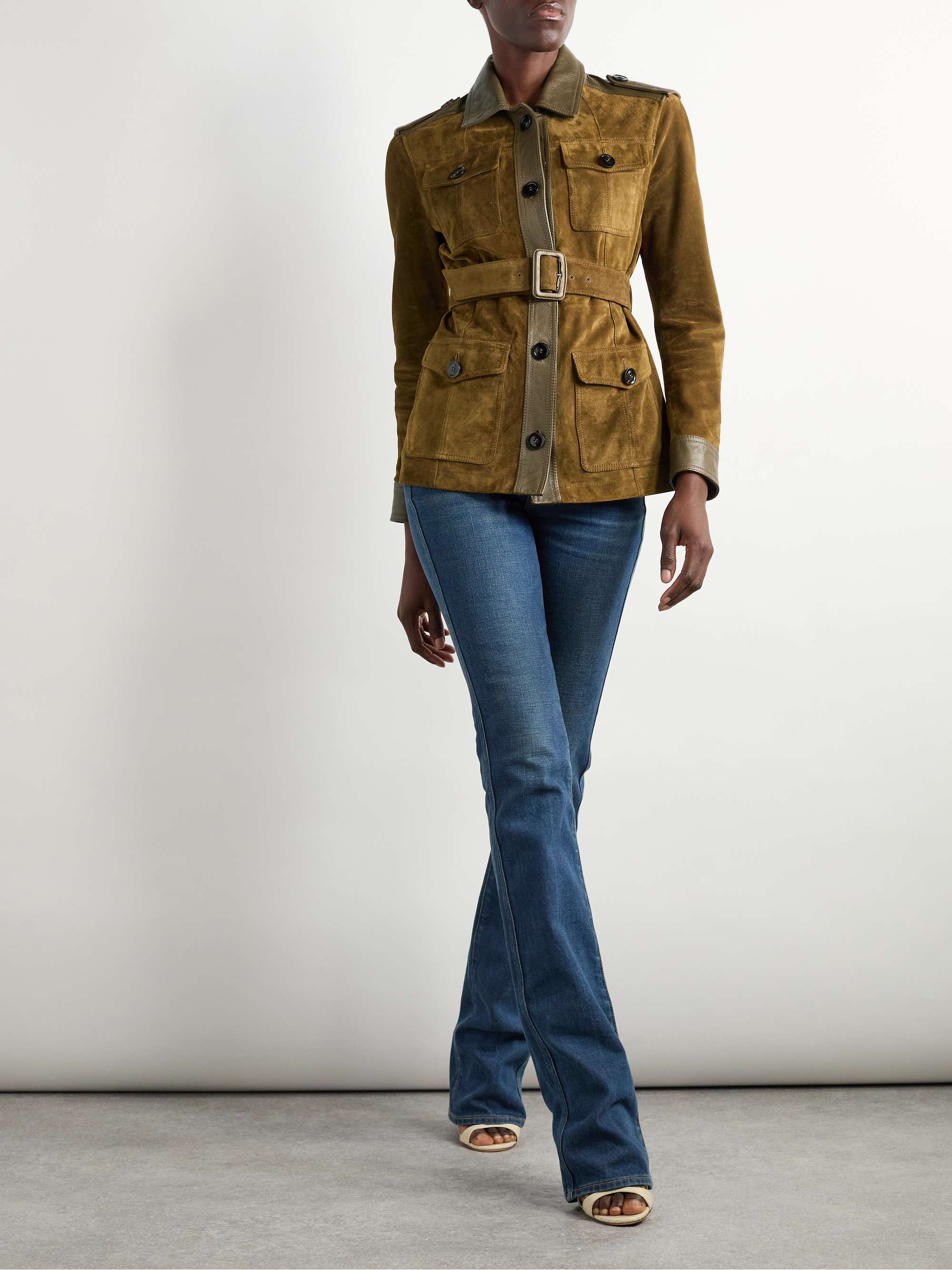 Belted leather-trimmed suede jacket view