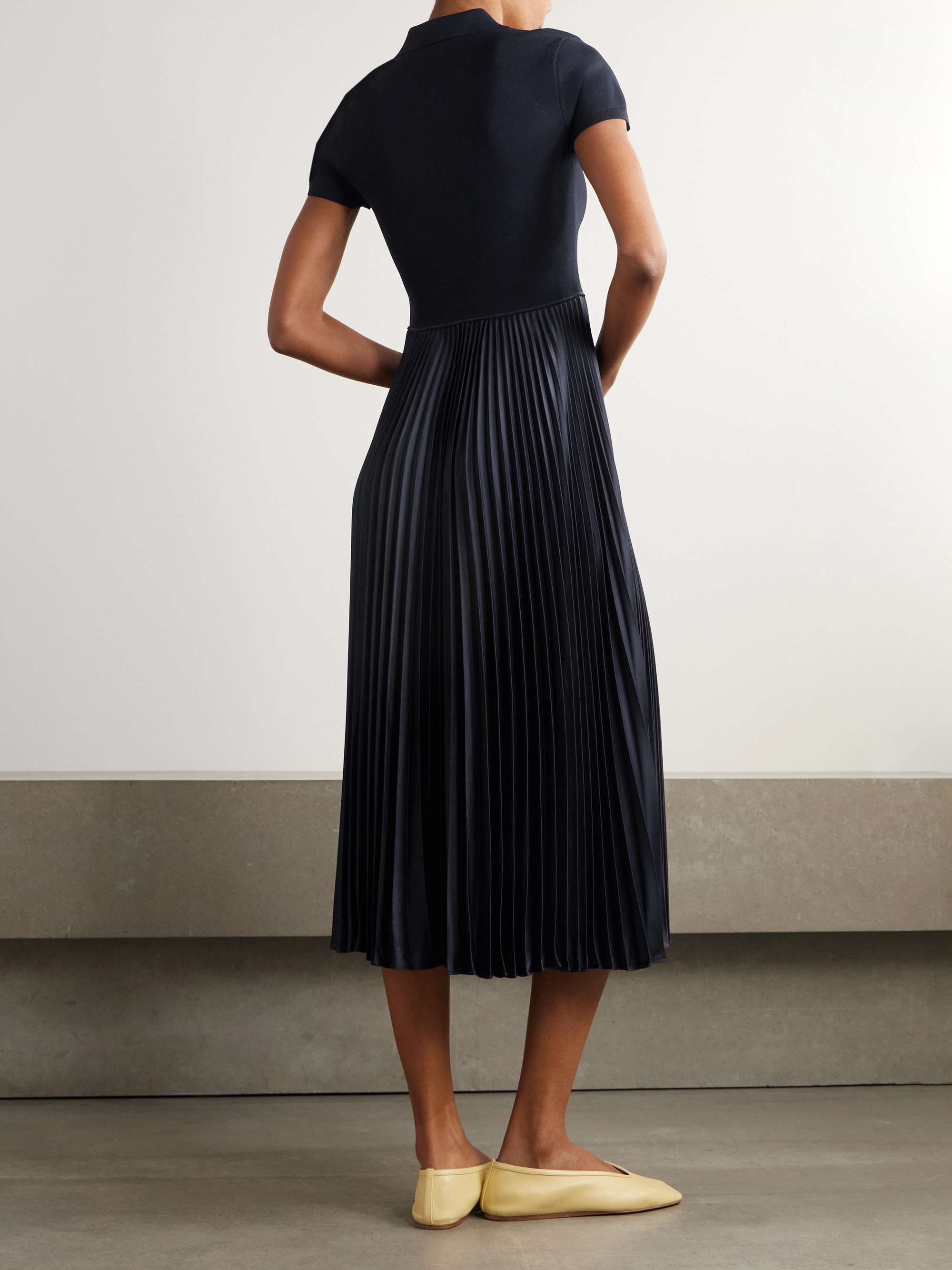 Pleated stretch-knit and recycled-satin midi dress view