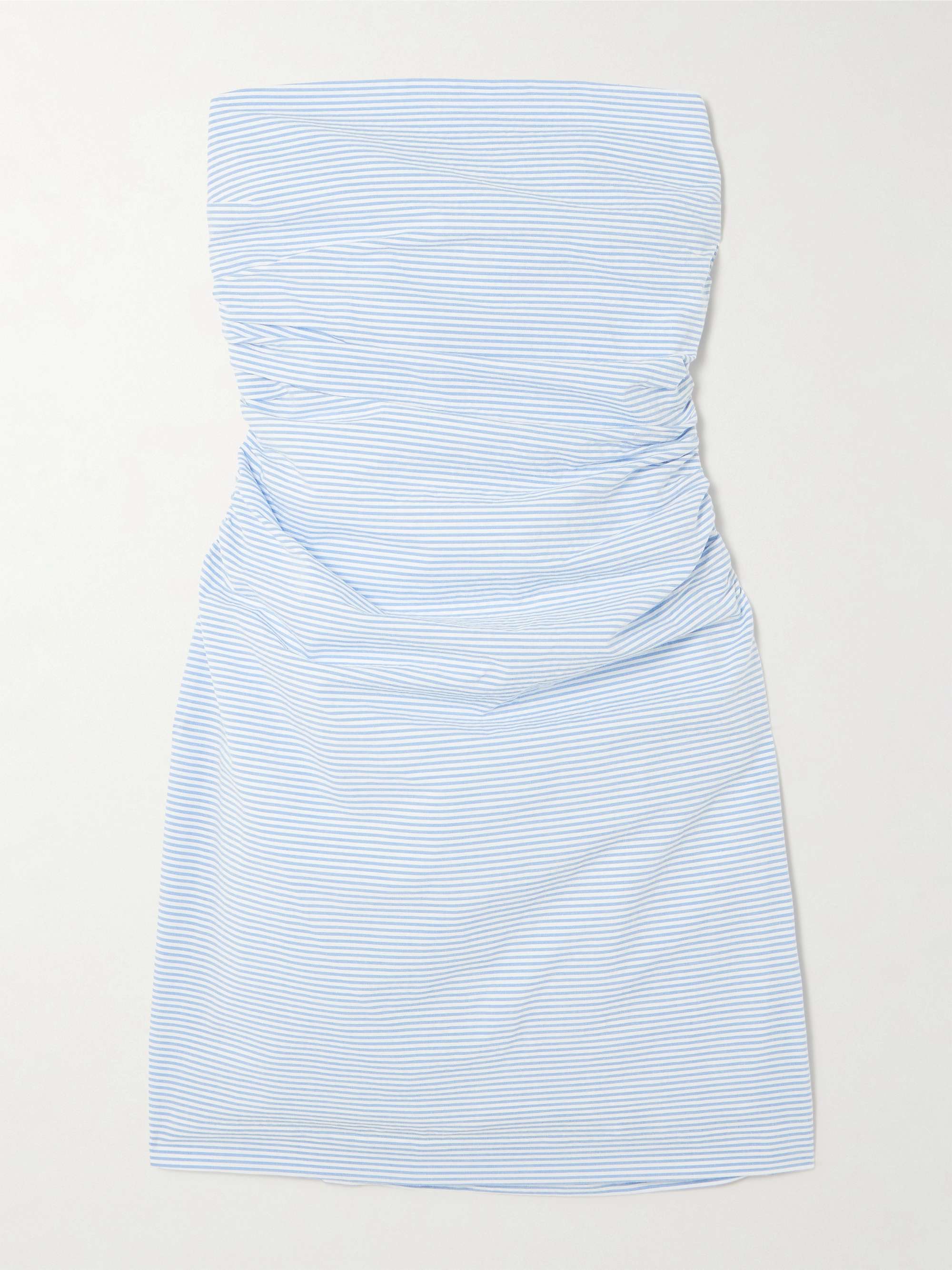 Vera strapless ruched striped cotton-seersucker mini dress hero visual