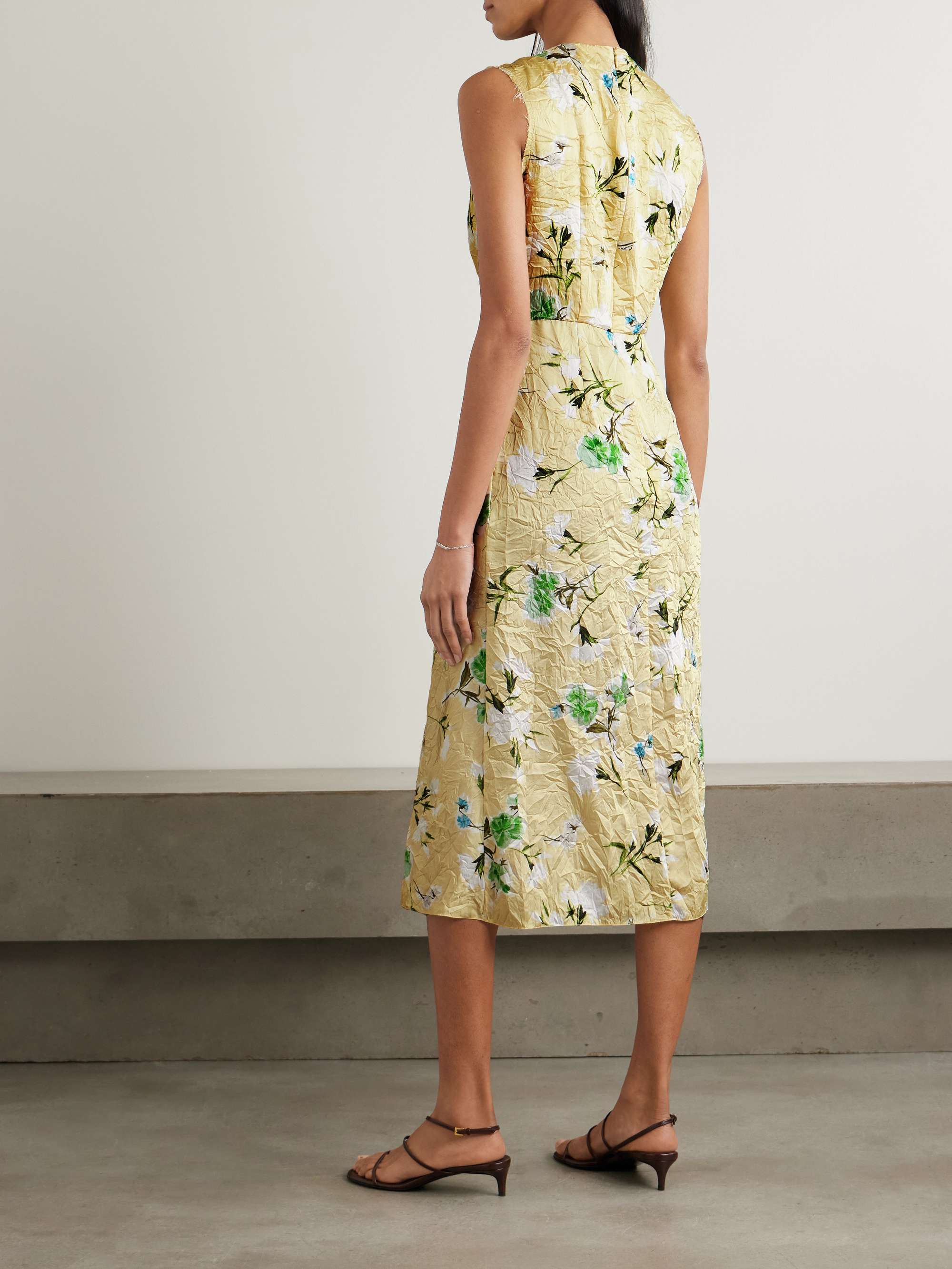 Gathered floral-print crinkled-satin midi dress view