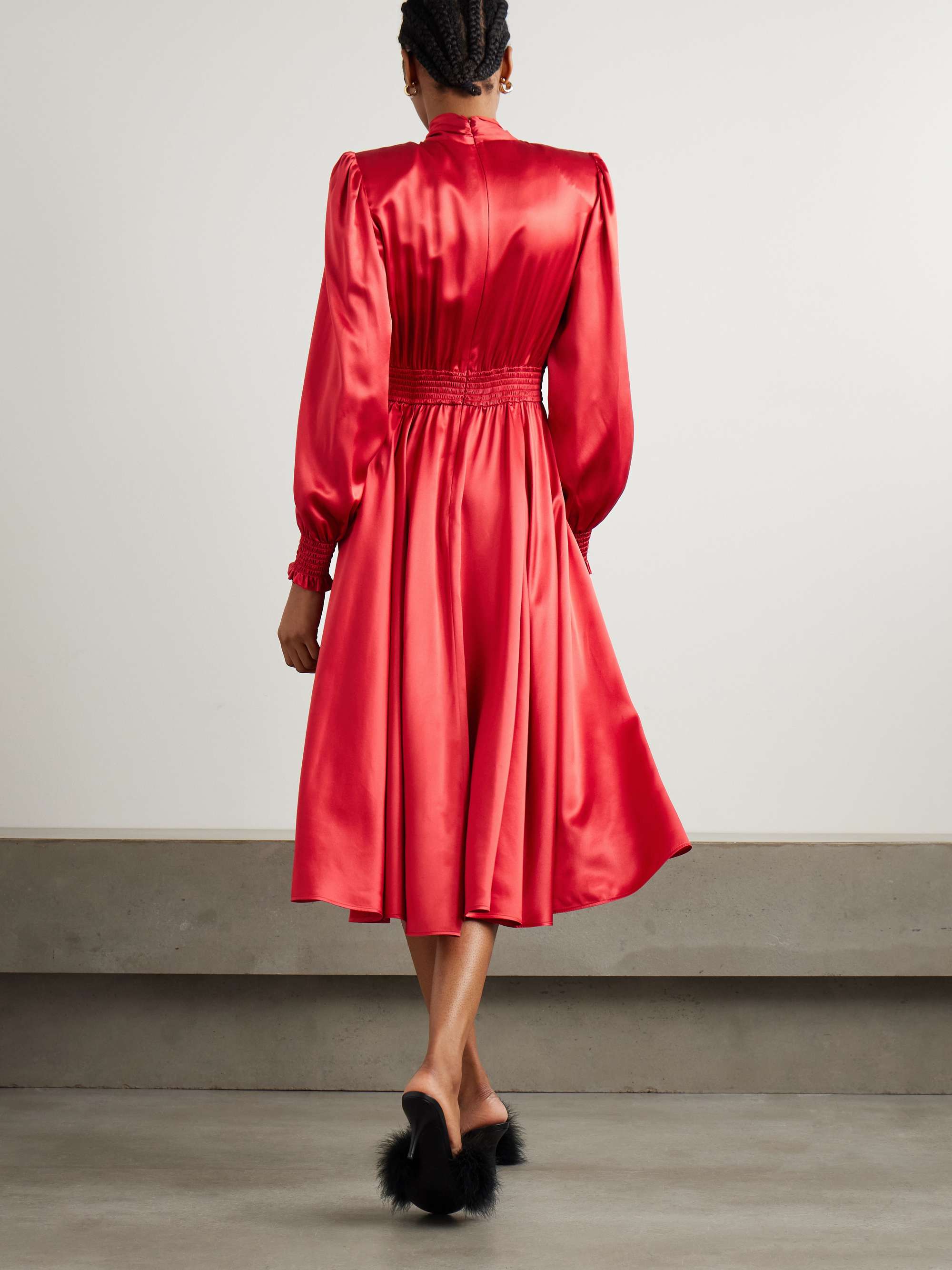 Pussy-bow smocked pleated silk-satin midi dress view