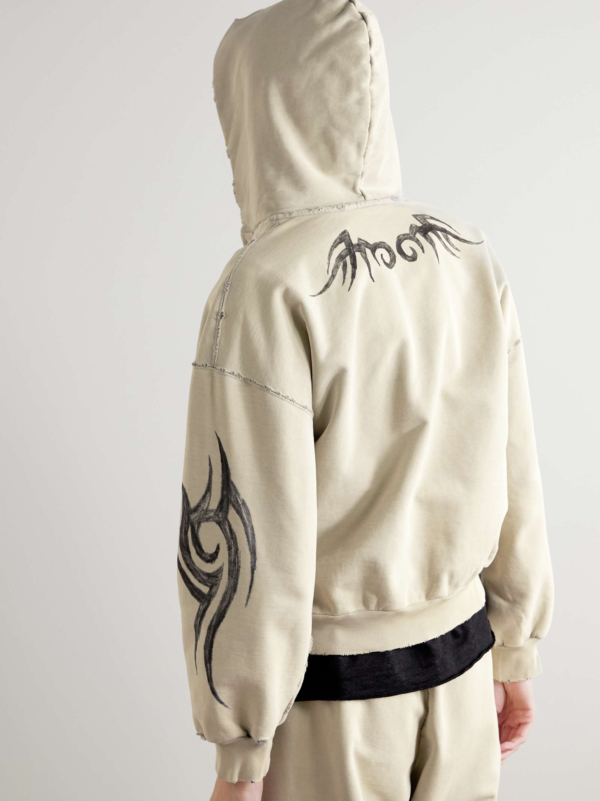 Distressed Logo-Embroidered Printed Cotton-Jersey Zip-Up Hoodie view