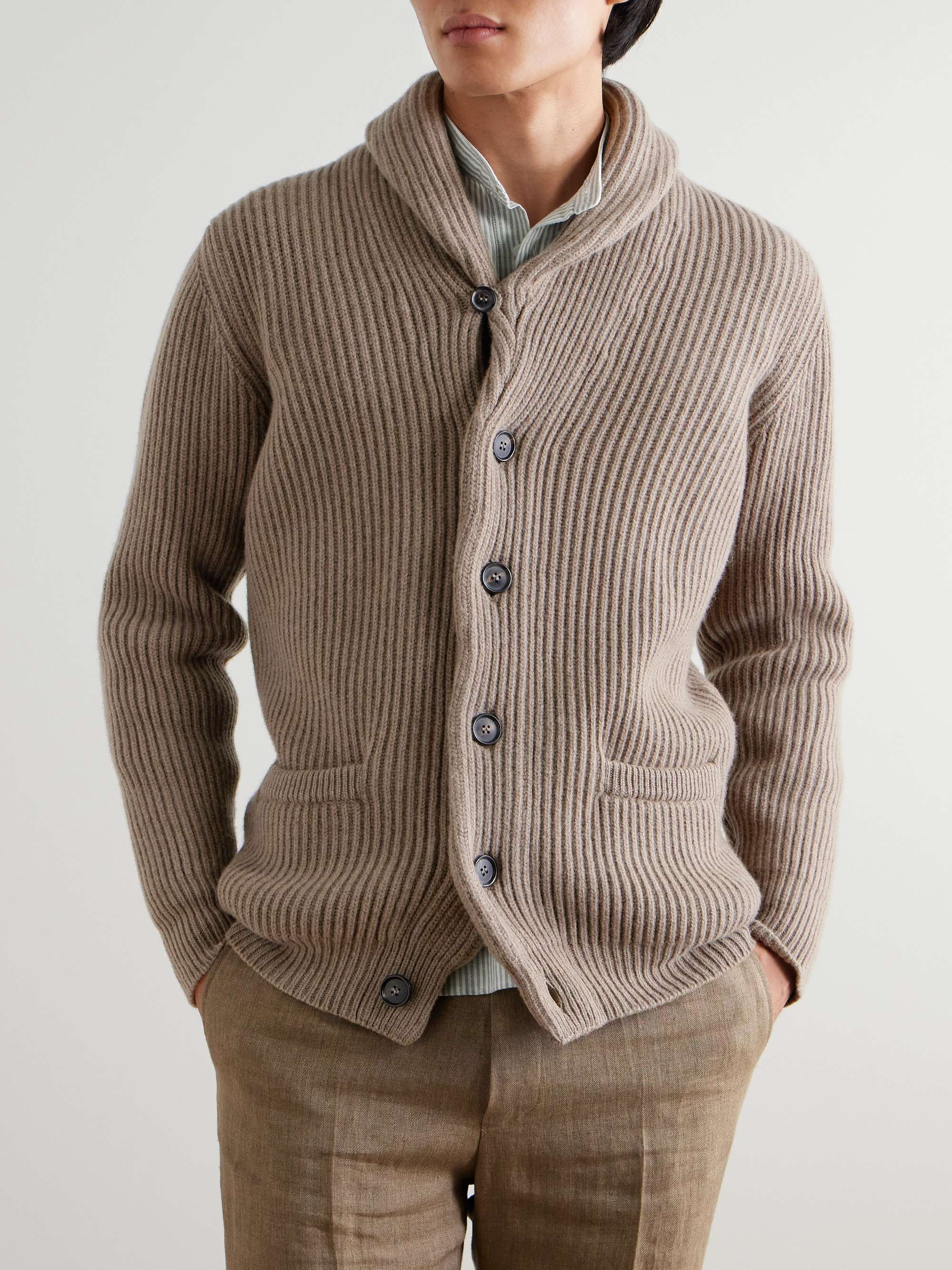 Shawl-Collar Ribbed Wool and Cashmere-Blend Cardigan view