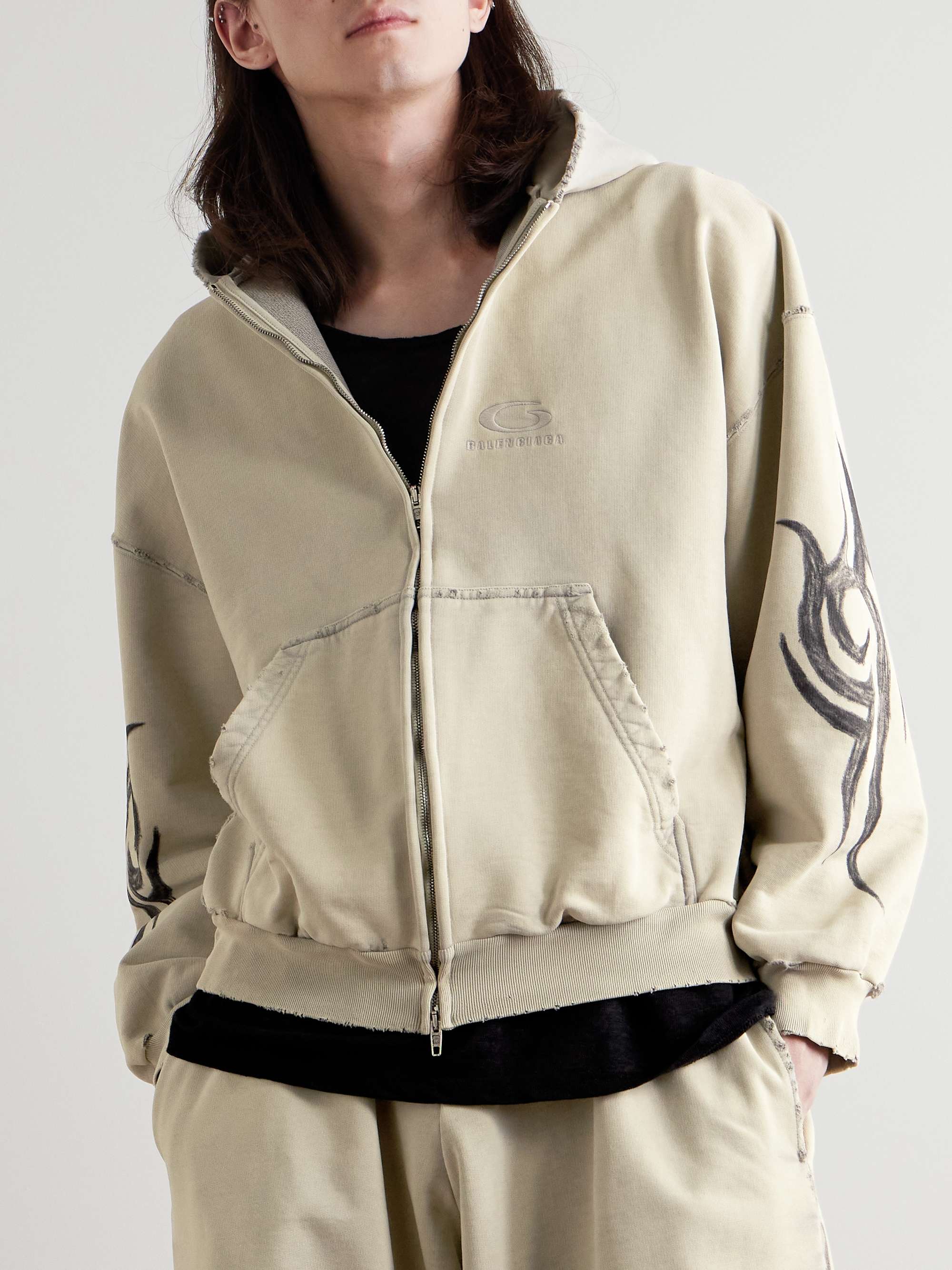 Distressed Logo-Embroidered Printed Cotton-Jersey Zip-Up Hoodie view