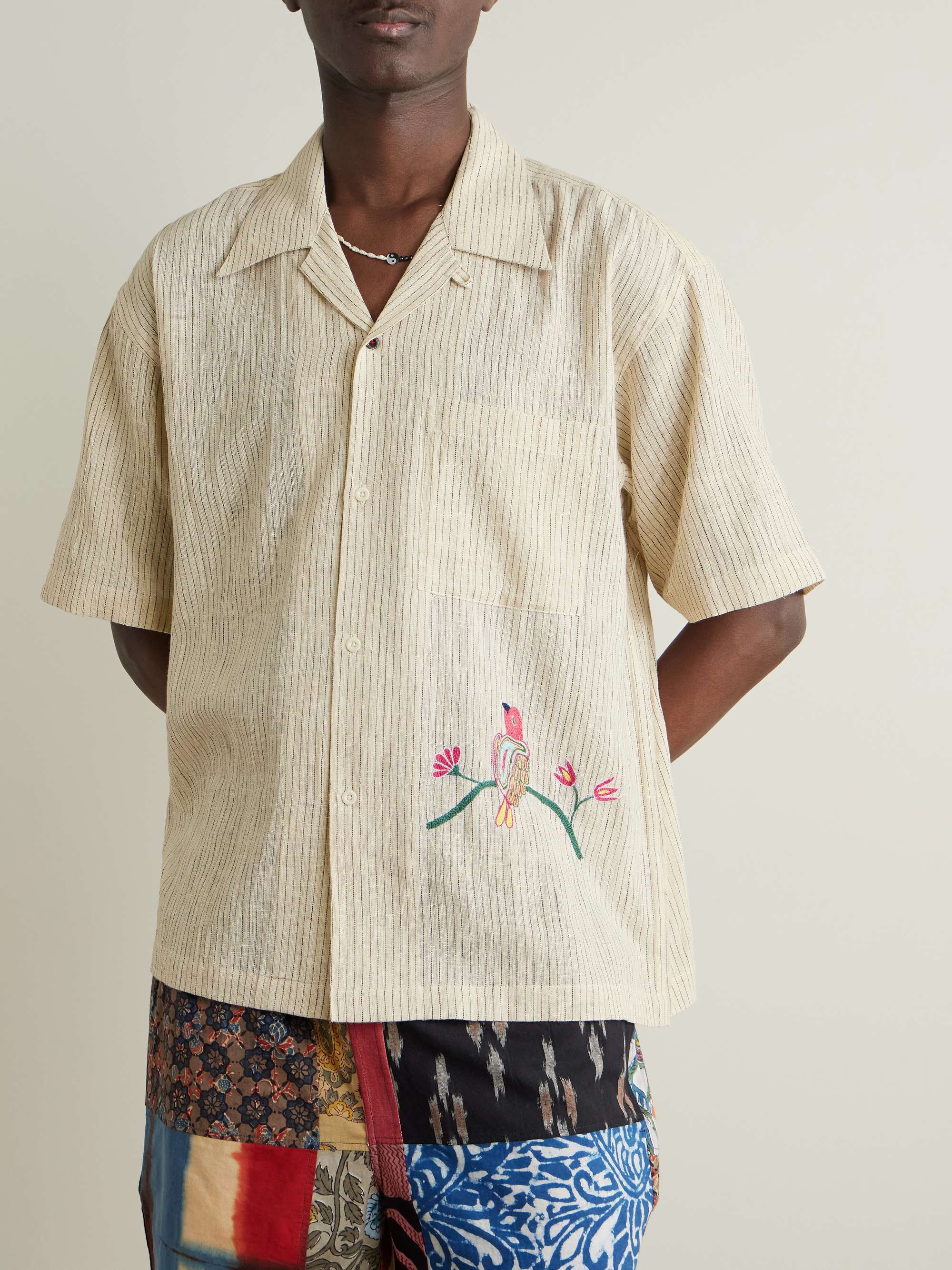 Convertible-Collar Appliquéd Embroidered Striped Cotton Shirt view