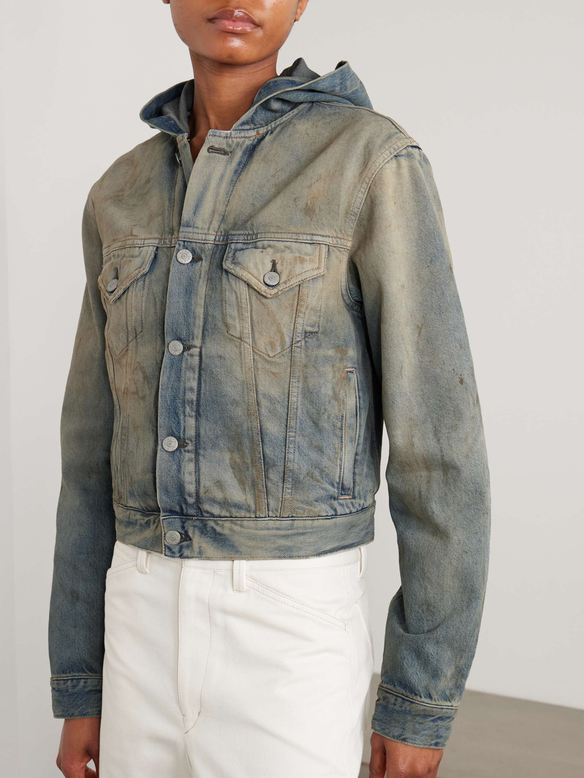 Hooded distressed organic denim jacket view
