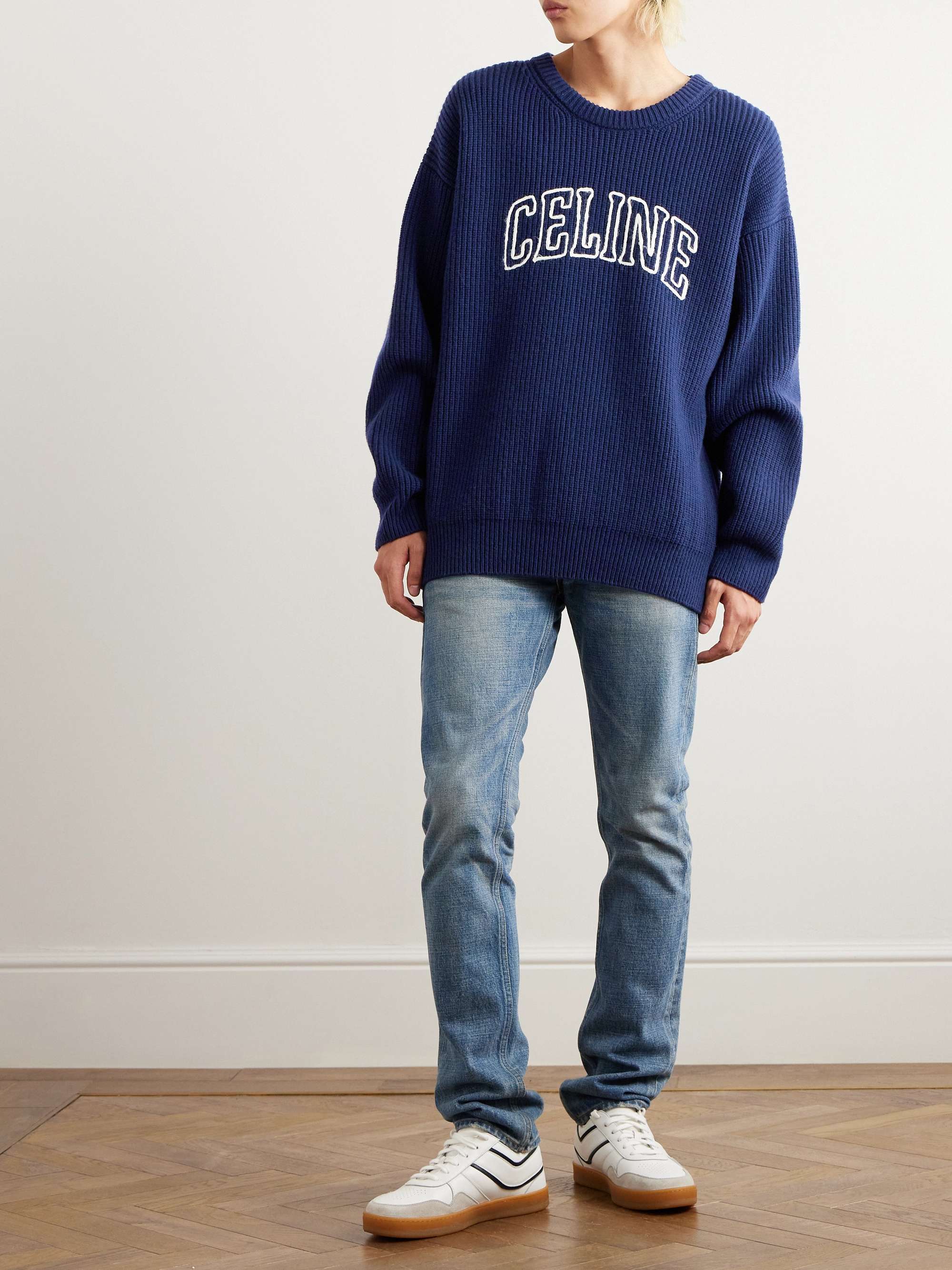 Logo-Embroidered Ribbed Wool Sweater view
