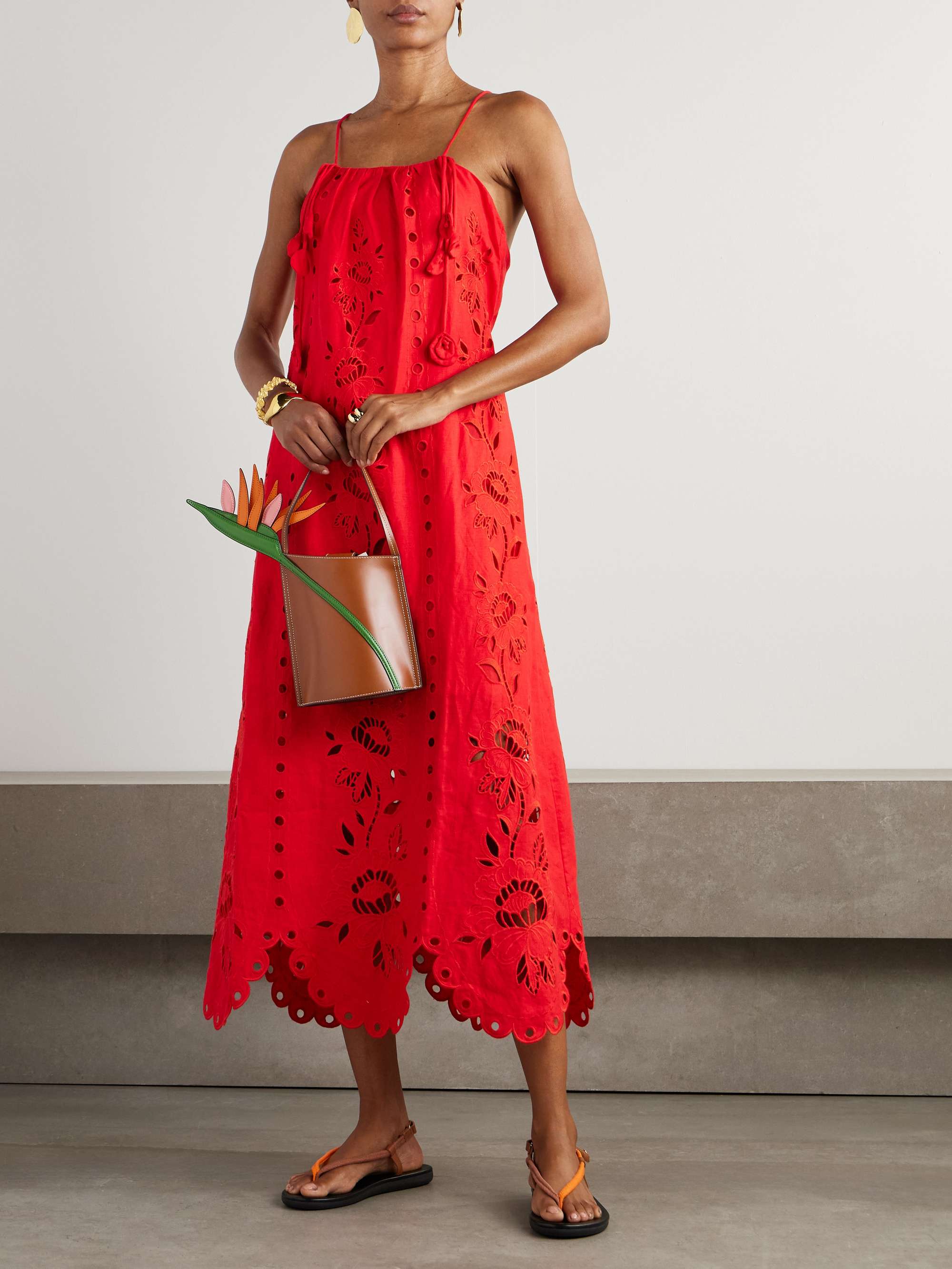 Embellished broderie anglaise linen-blend midi dress view