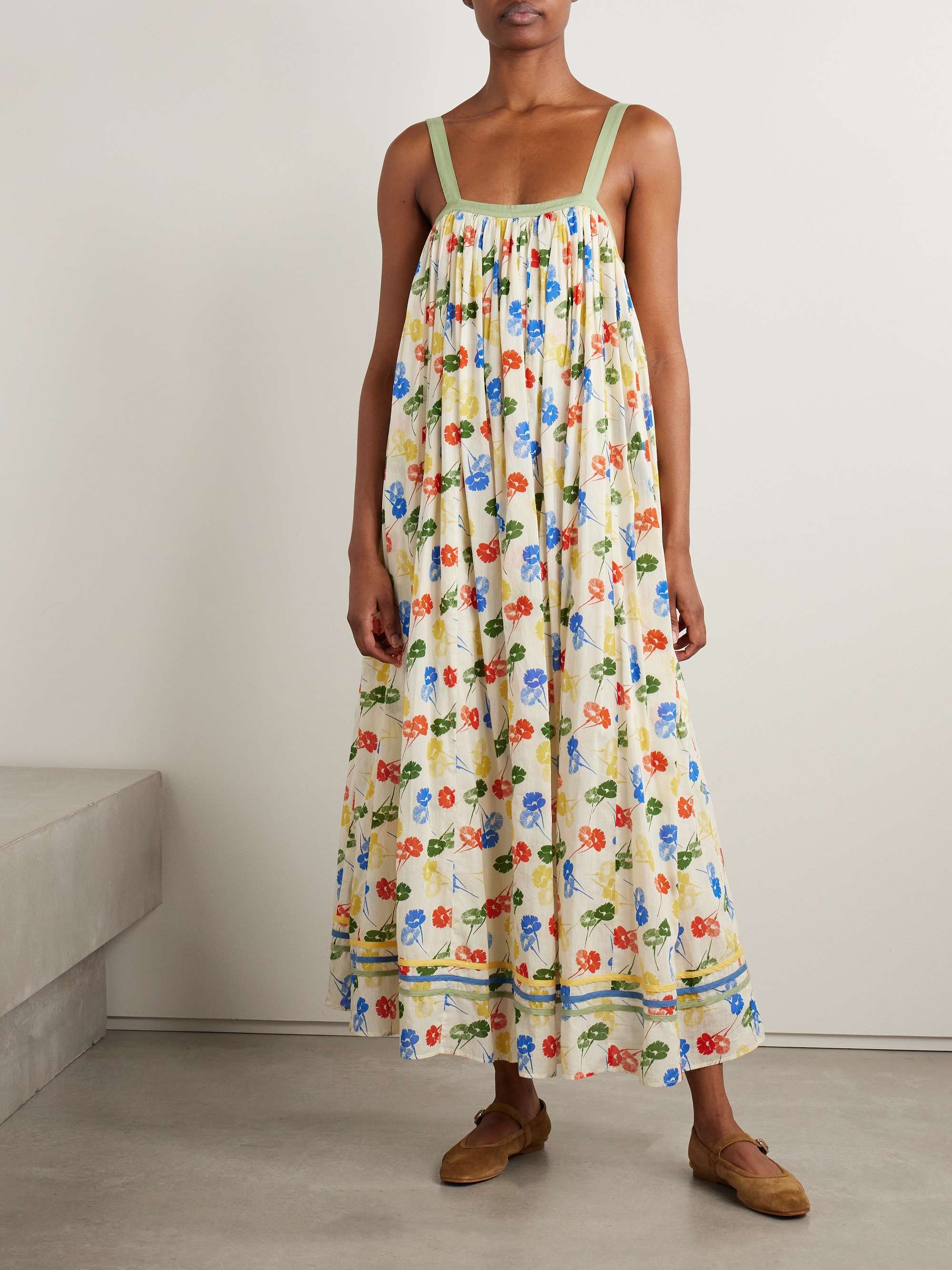 Gathered floral-print cotton-voile maxi dress view