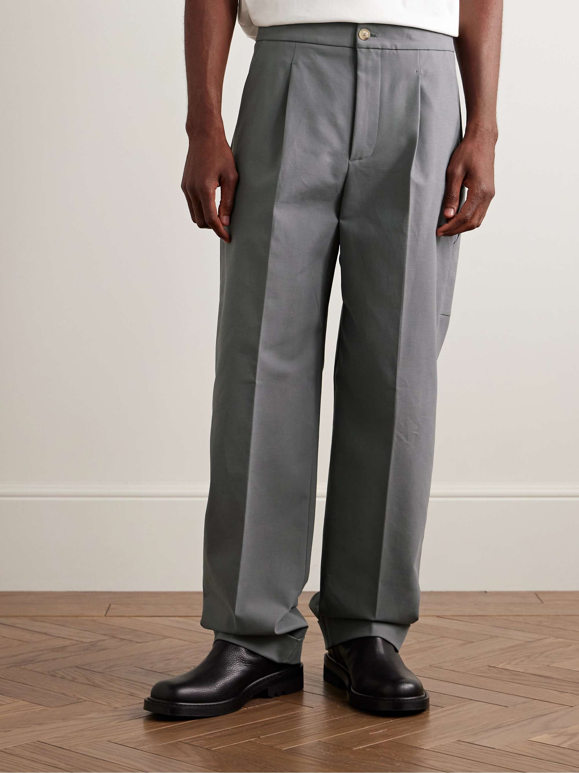 Straight-Leg Pleated Cotton-Blend Trousers view