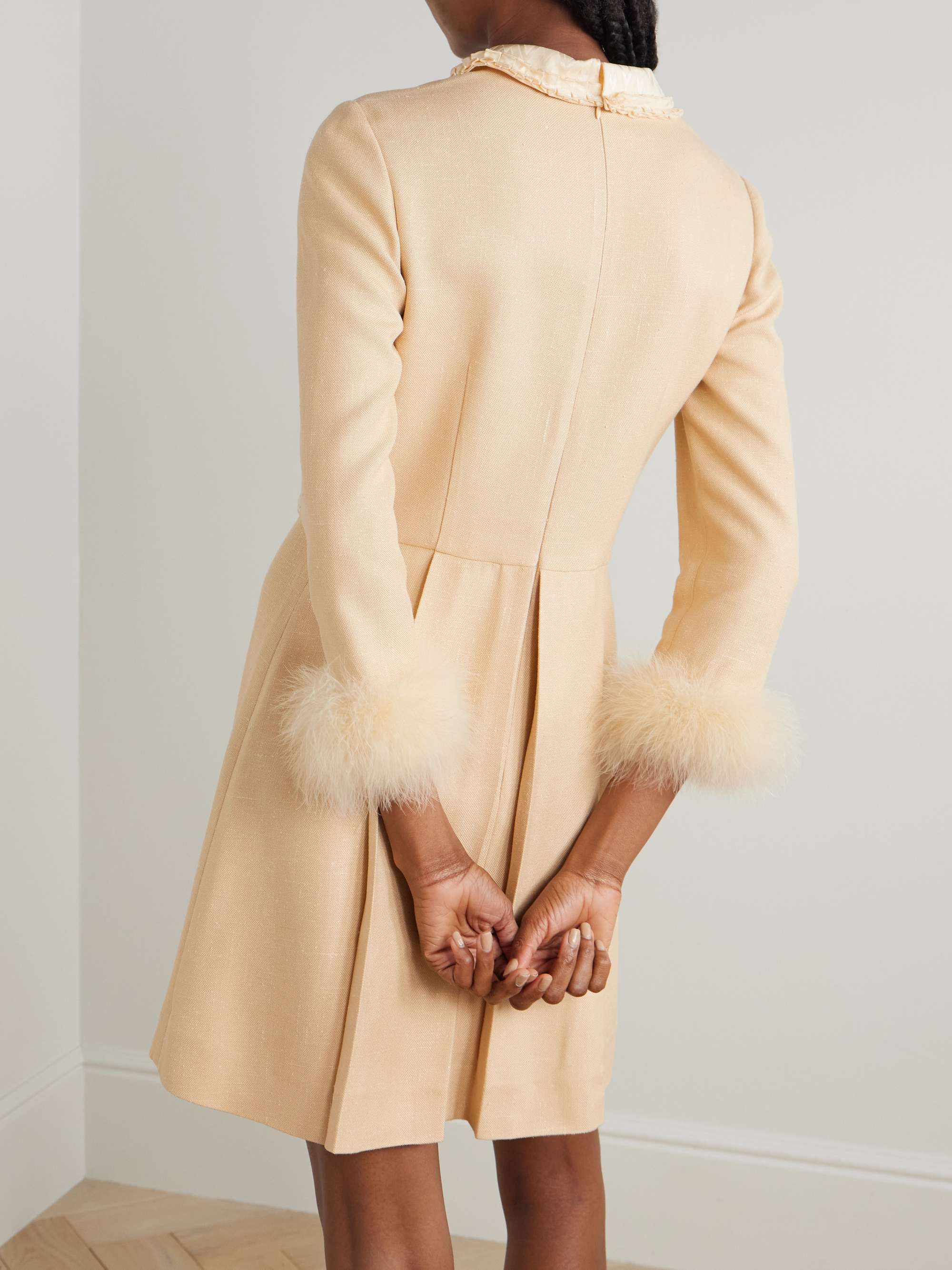 Feather-trimmed embellished jacquard and woven mini dress view