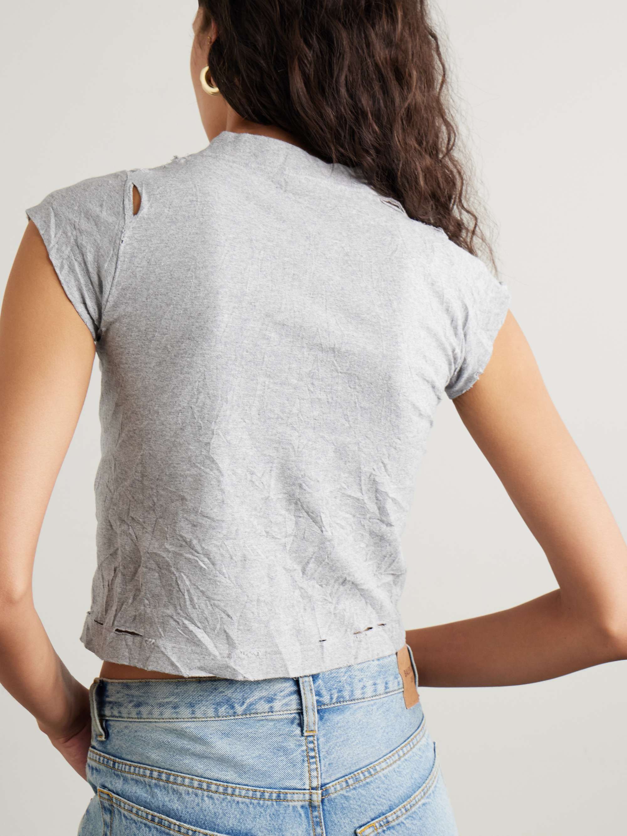 Cropped distressed printed cotton-blend jersey T-shirt view