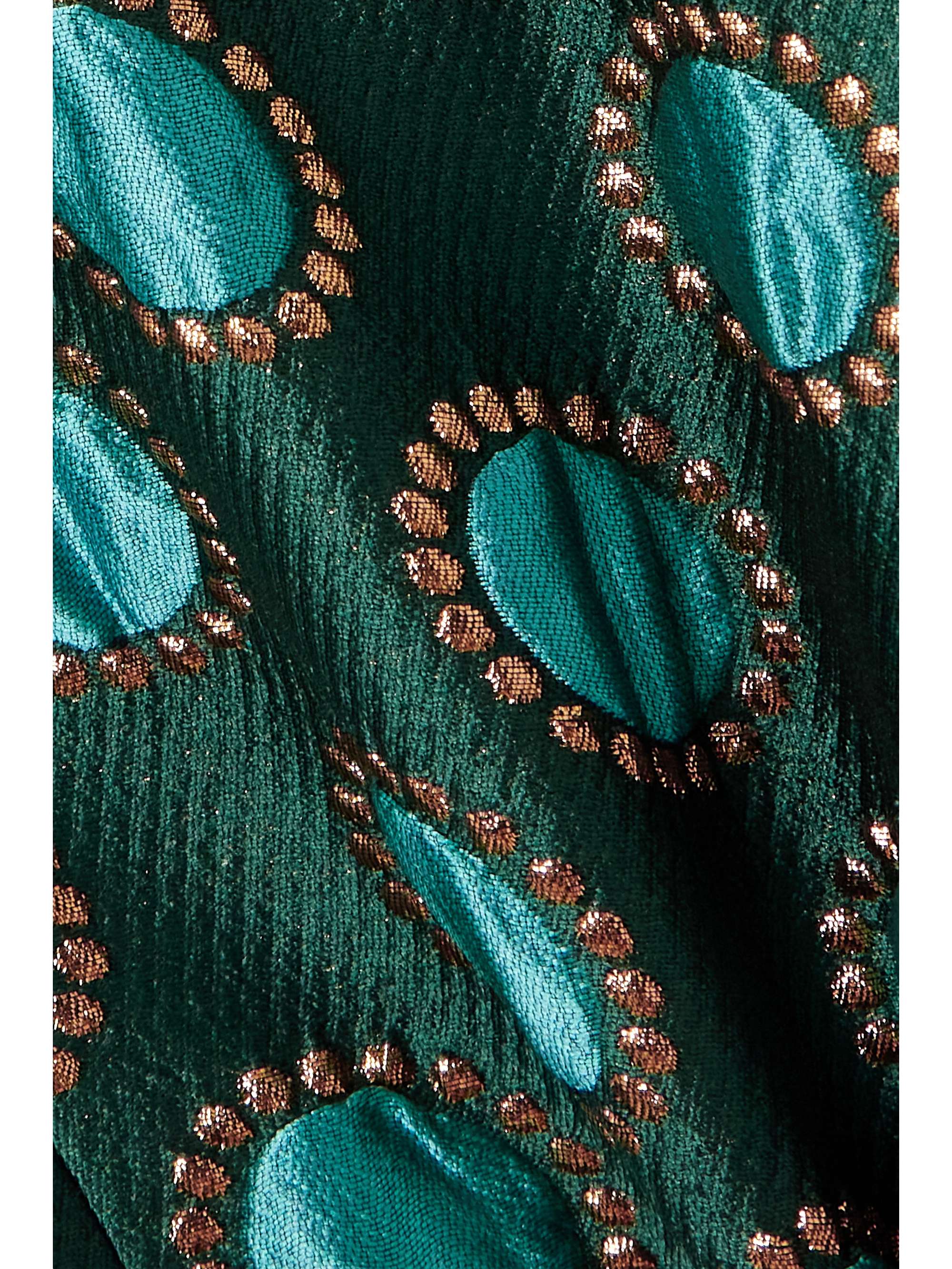 La Scala asymmetric feather-trimmed metallic jacquard top view