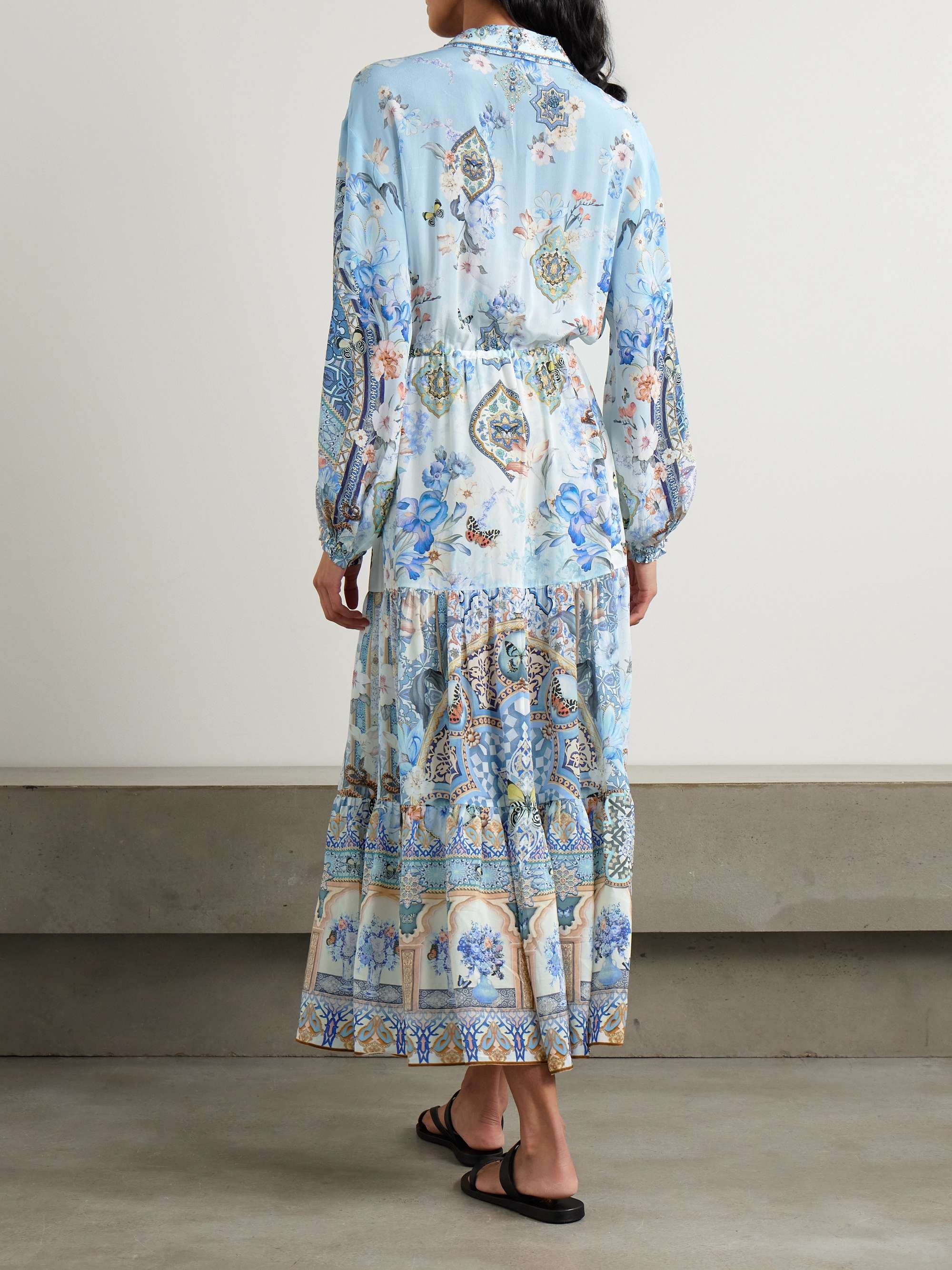 Tiered embellished printed silk-crepe maxi shirt dress view