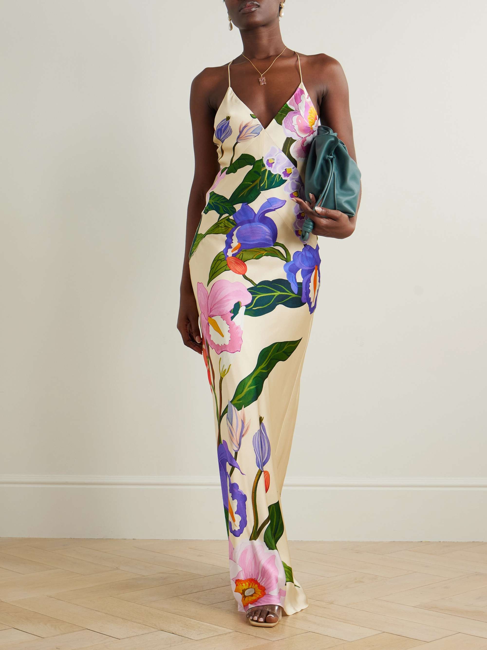 Olive floral-print satin-crepe maxi dress view