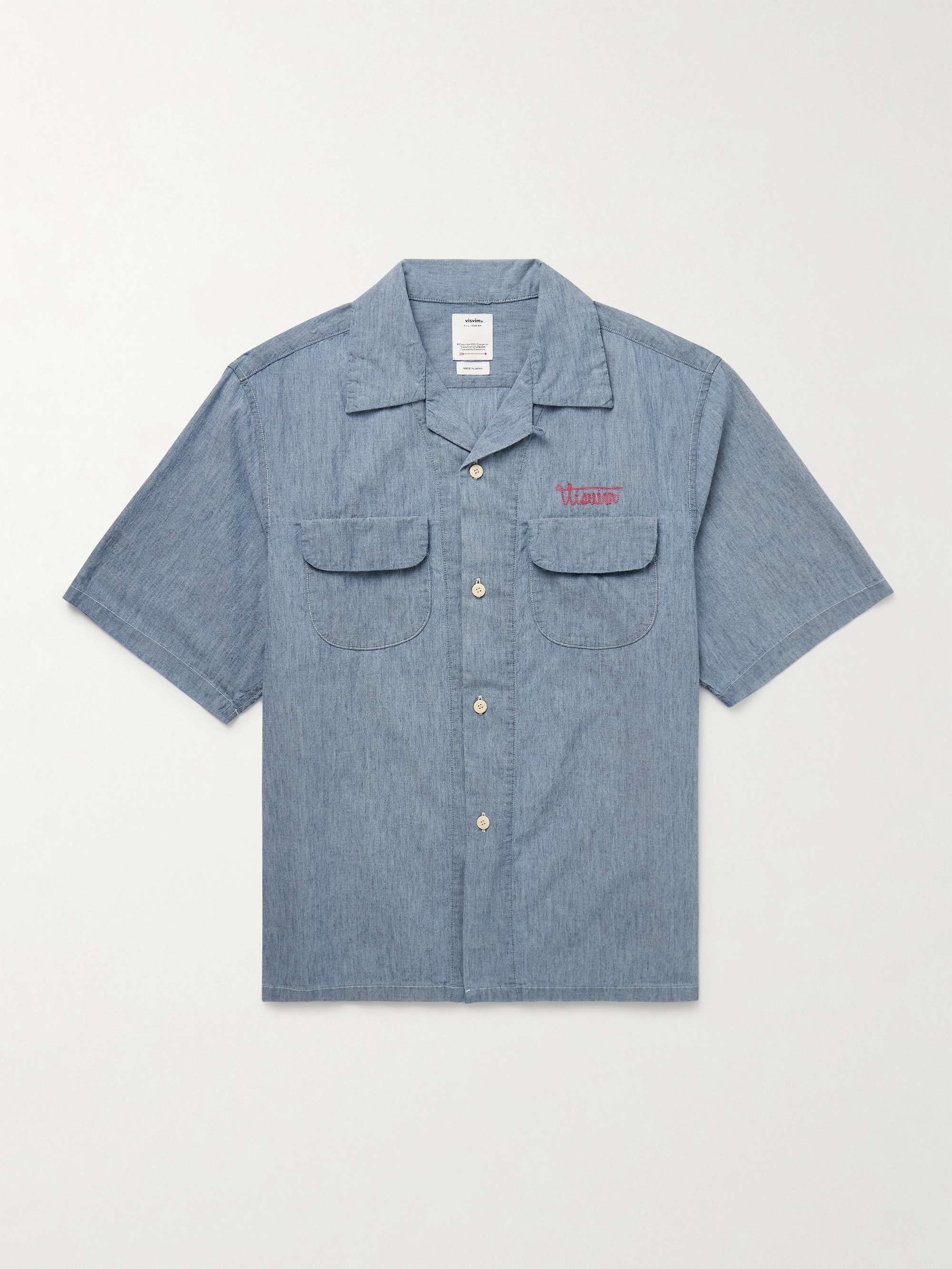 Keesey Convertible-Collar Logo-Embroidered Cotton and Silk-Blend Chambray Shirt hero visual