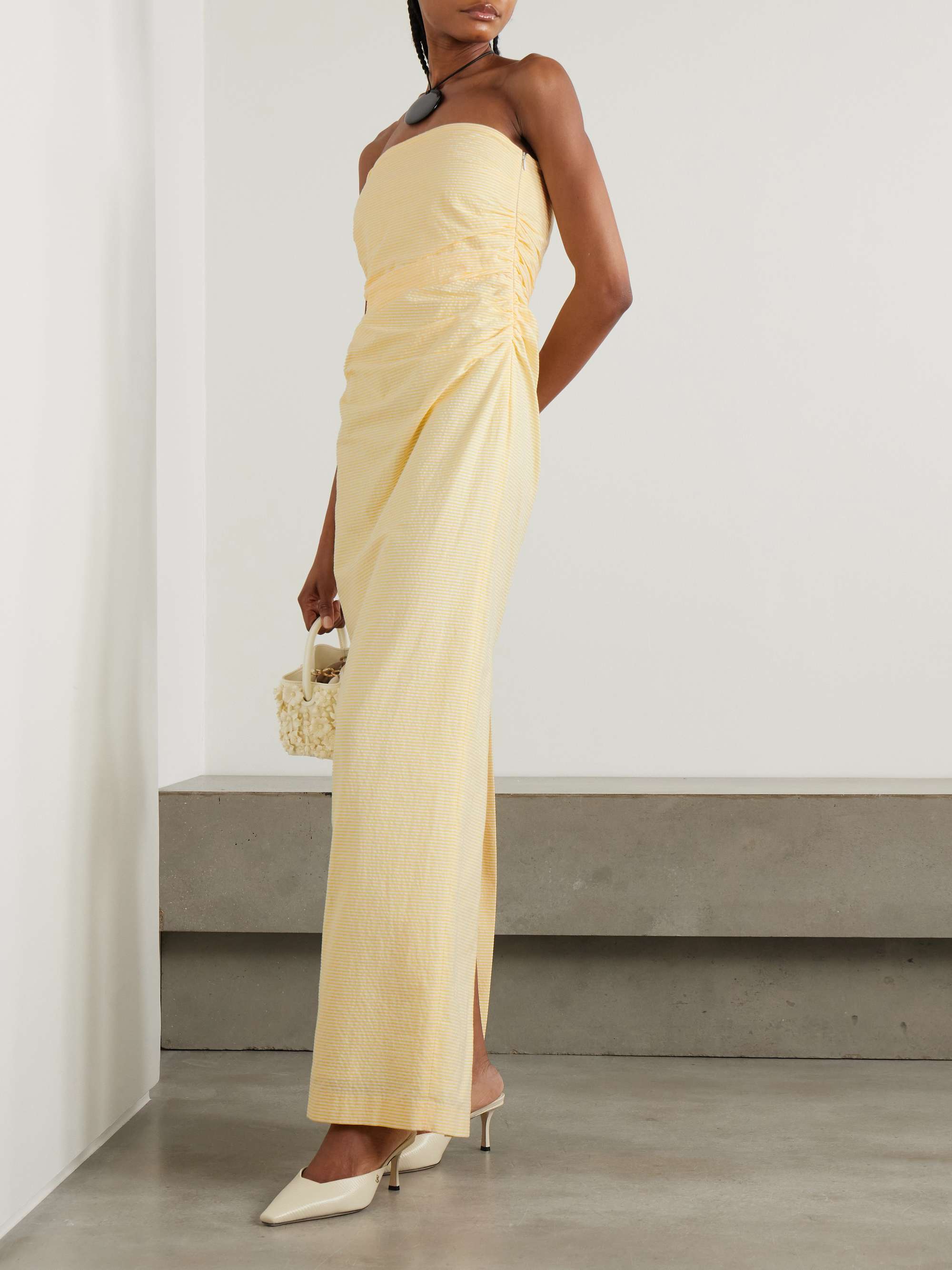 Vera strapless ruched striped cotton-seersucker maxi dress view