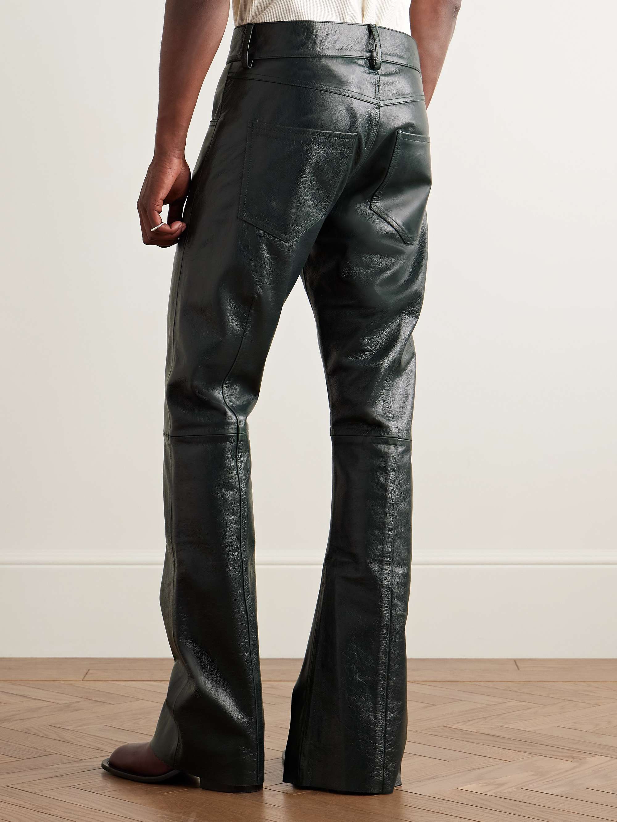 Long Night Slim-Fit Bootcut Distressed Textured-Leather and Ribbed-Knit Trousers view