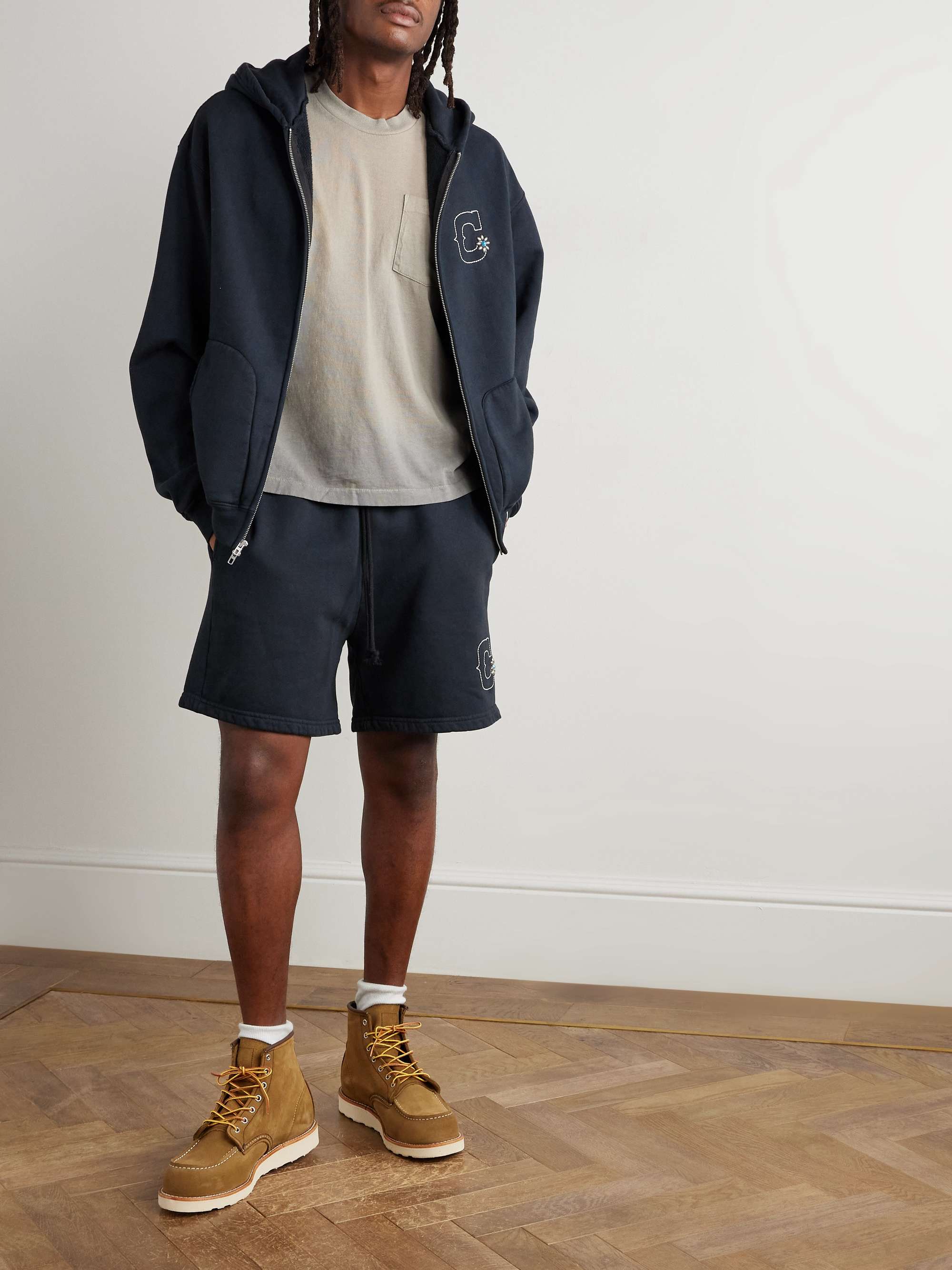 Straight-Leg Studded Logo-Embroidered Cotton-Fleece Shorts view