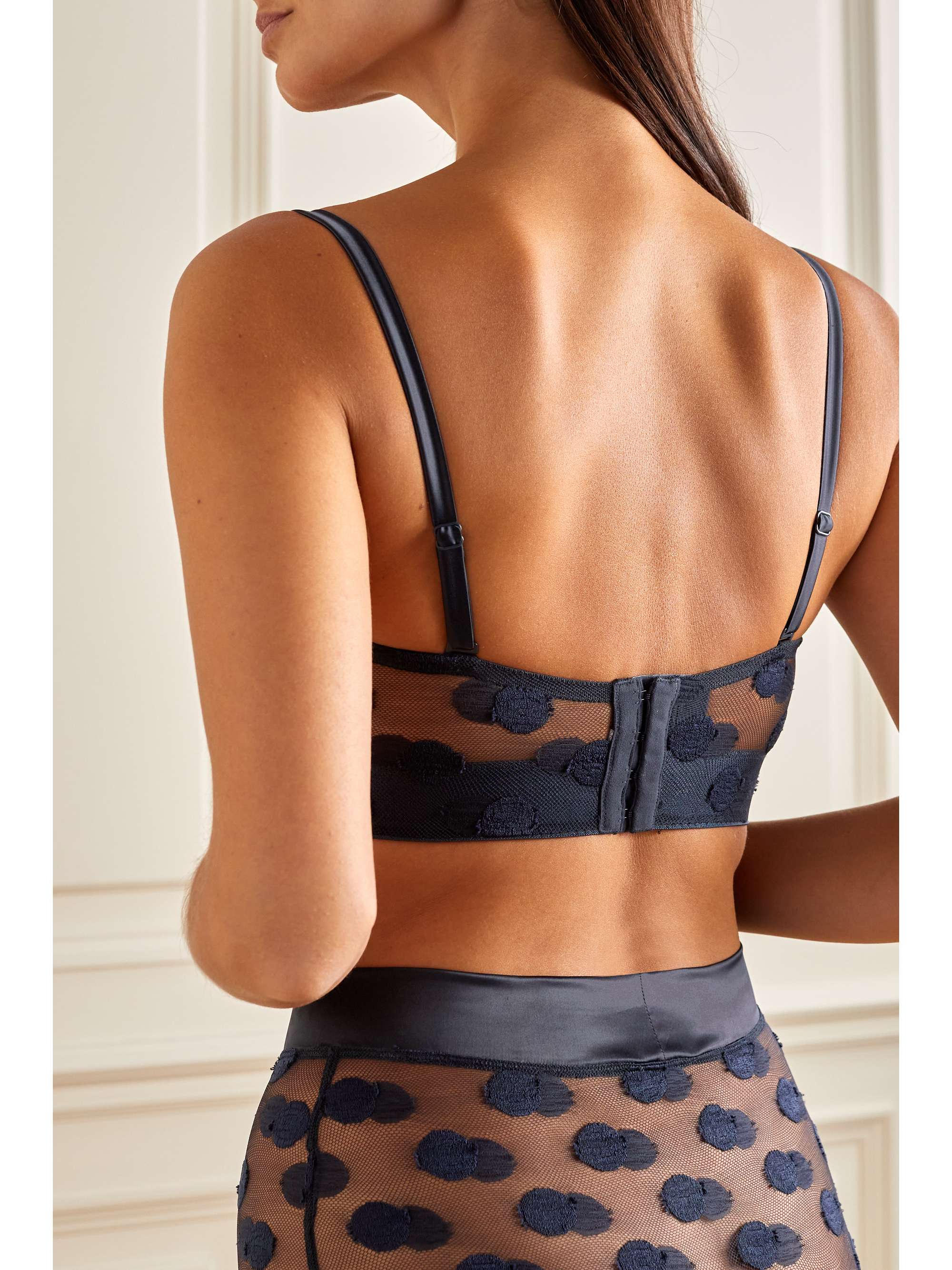 Caresses polka-dot stretch-Leavers lace and satin underwired bustier bra view
