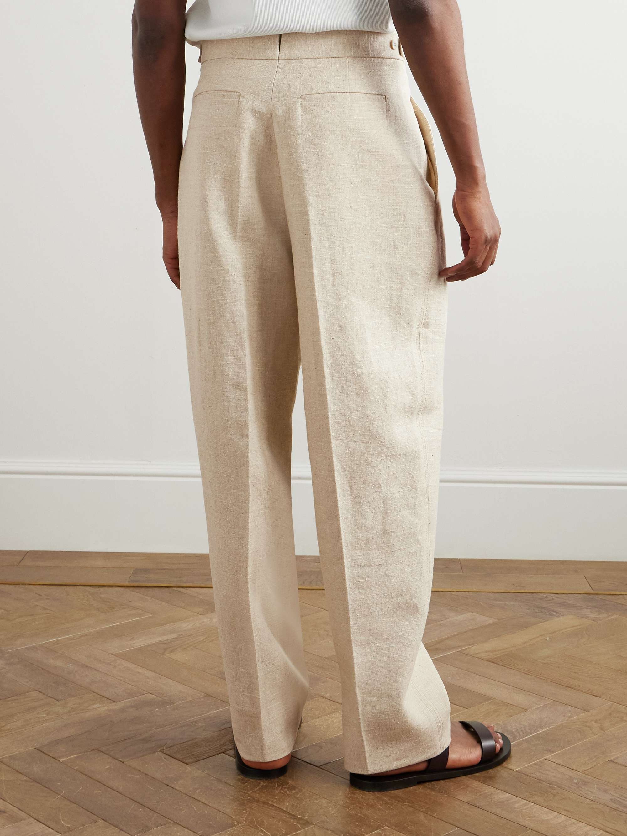Straight-Leg Pleated Linen, Silk and Hemp-Blend Trousers view