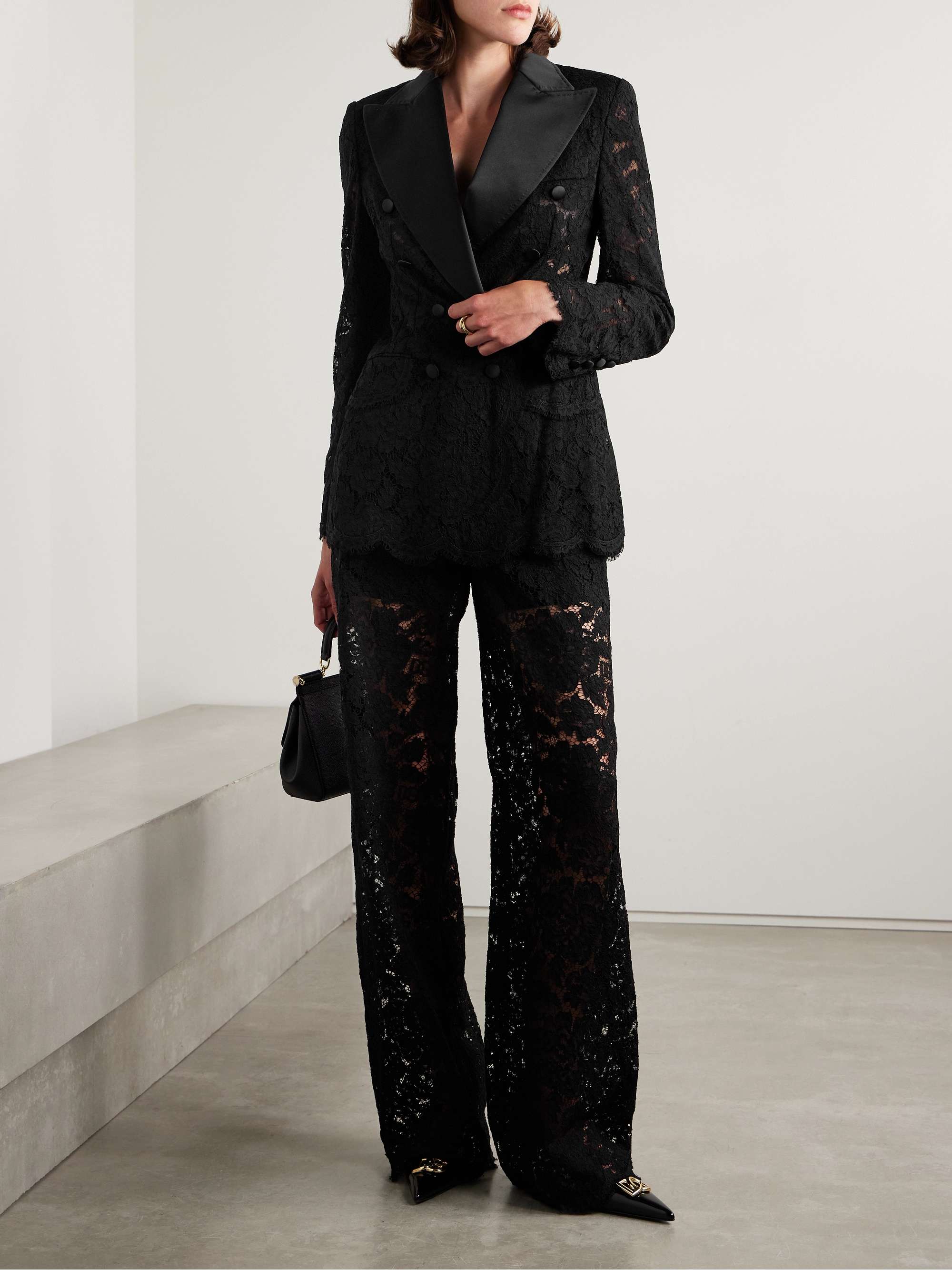 Double-breasted satin-trimmed corded lace blazer view