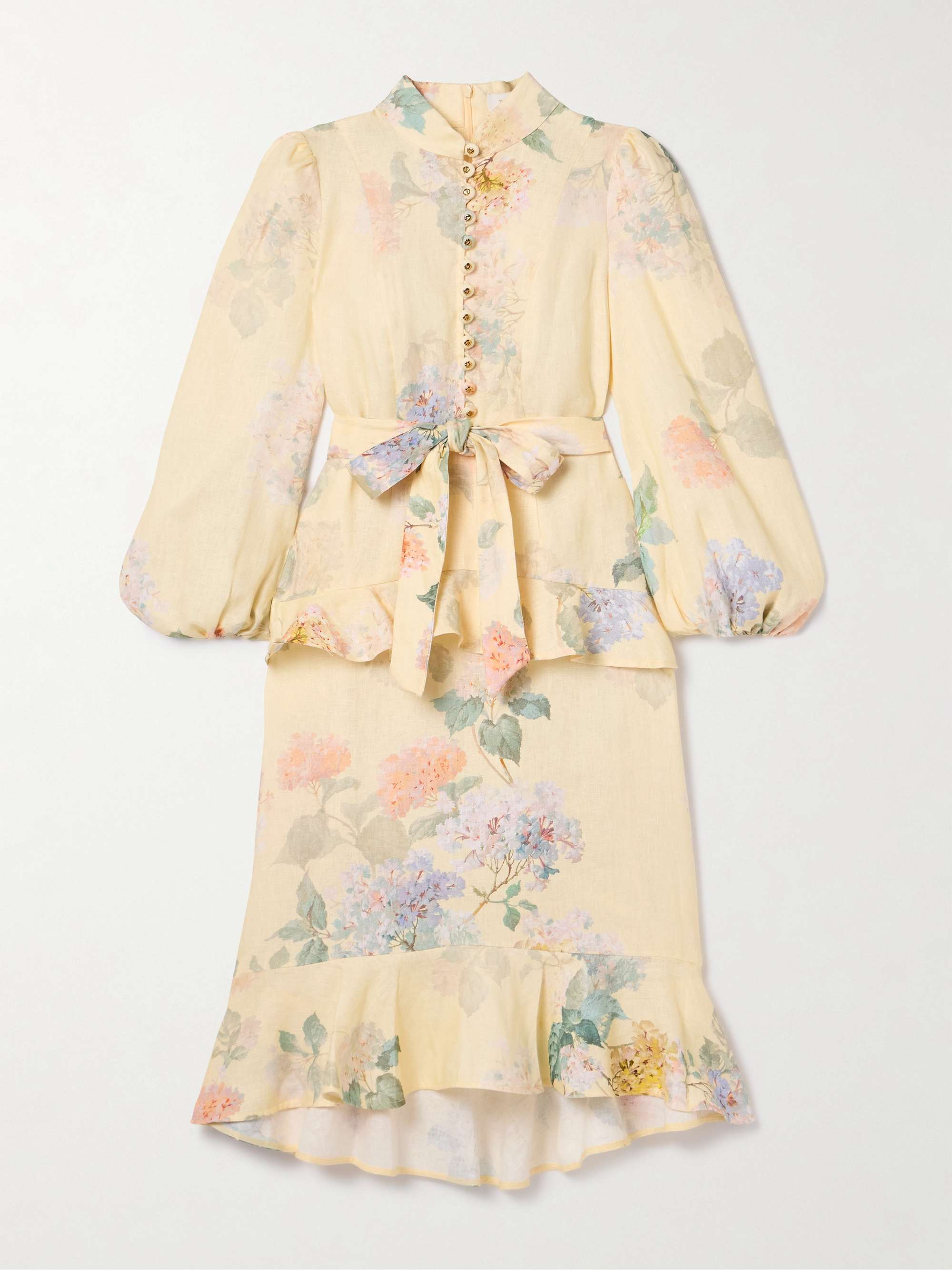 Illuminate belted ruffled floral-print linen midi dress hero visual