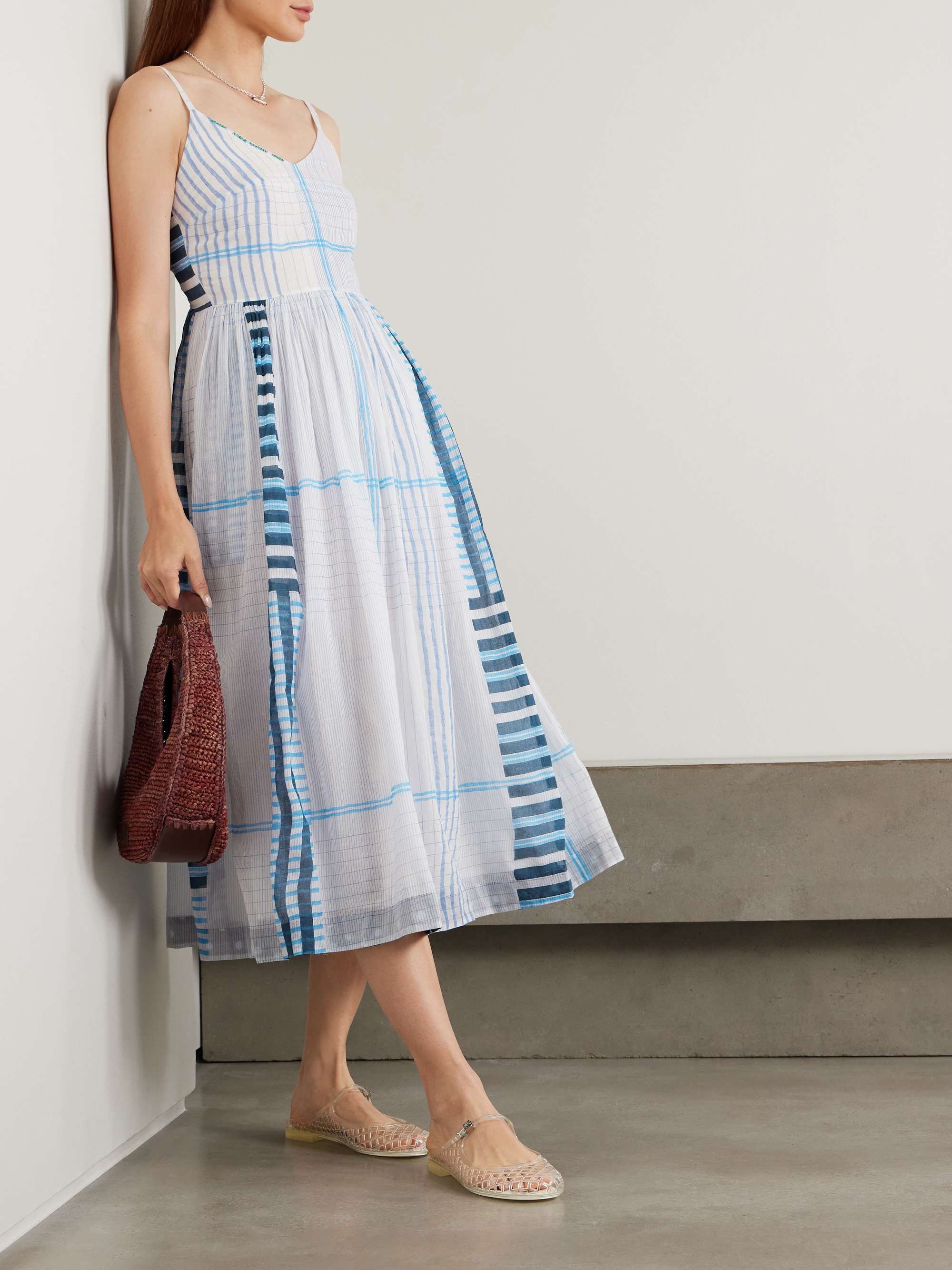Caprice shirred striped cotton-voile midi dress view