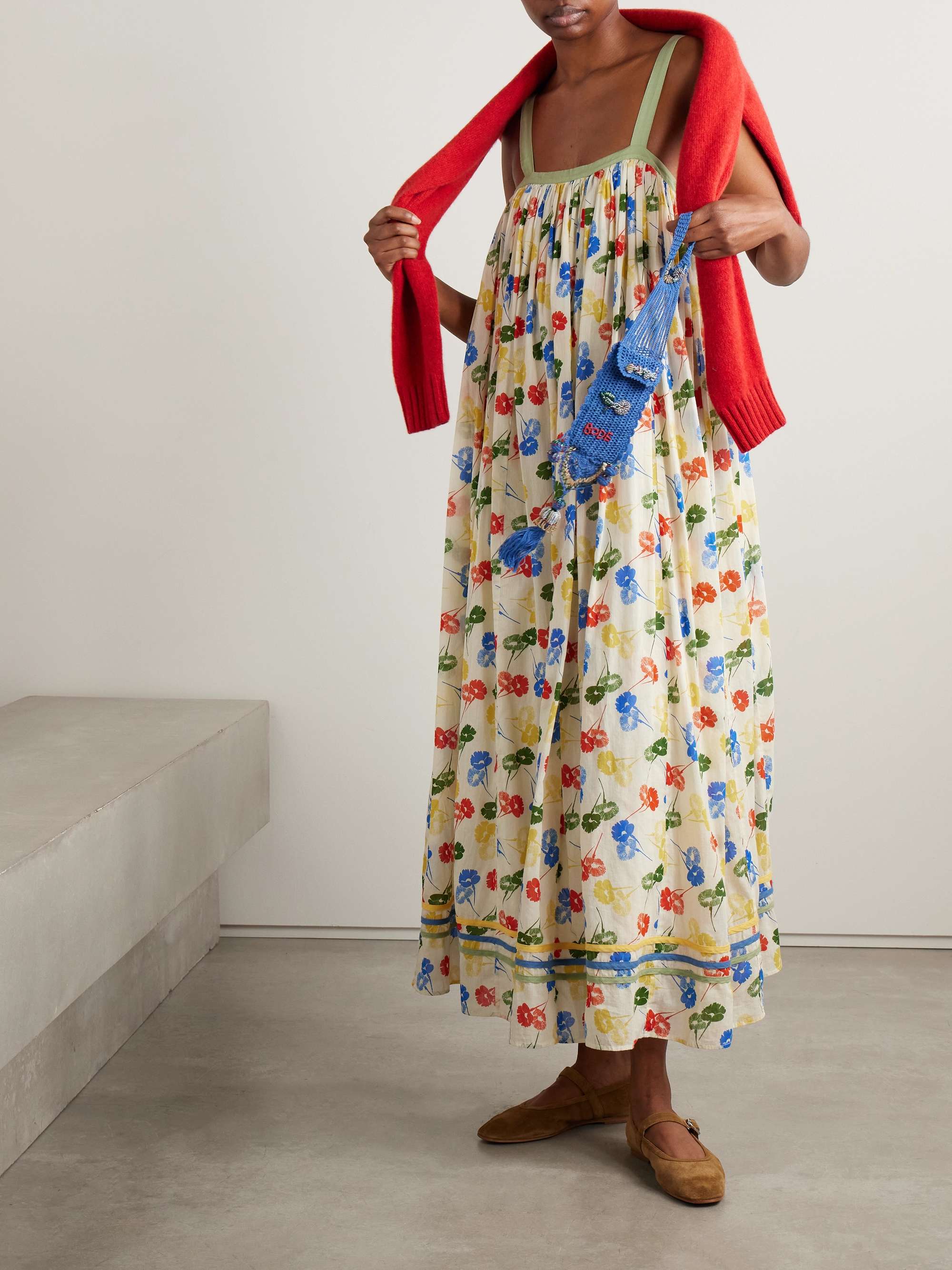 Gathered floral-print cotton-voile maxi dress view