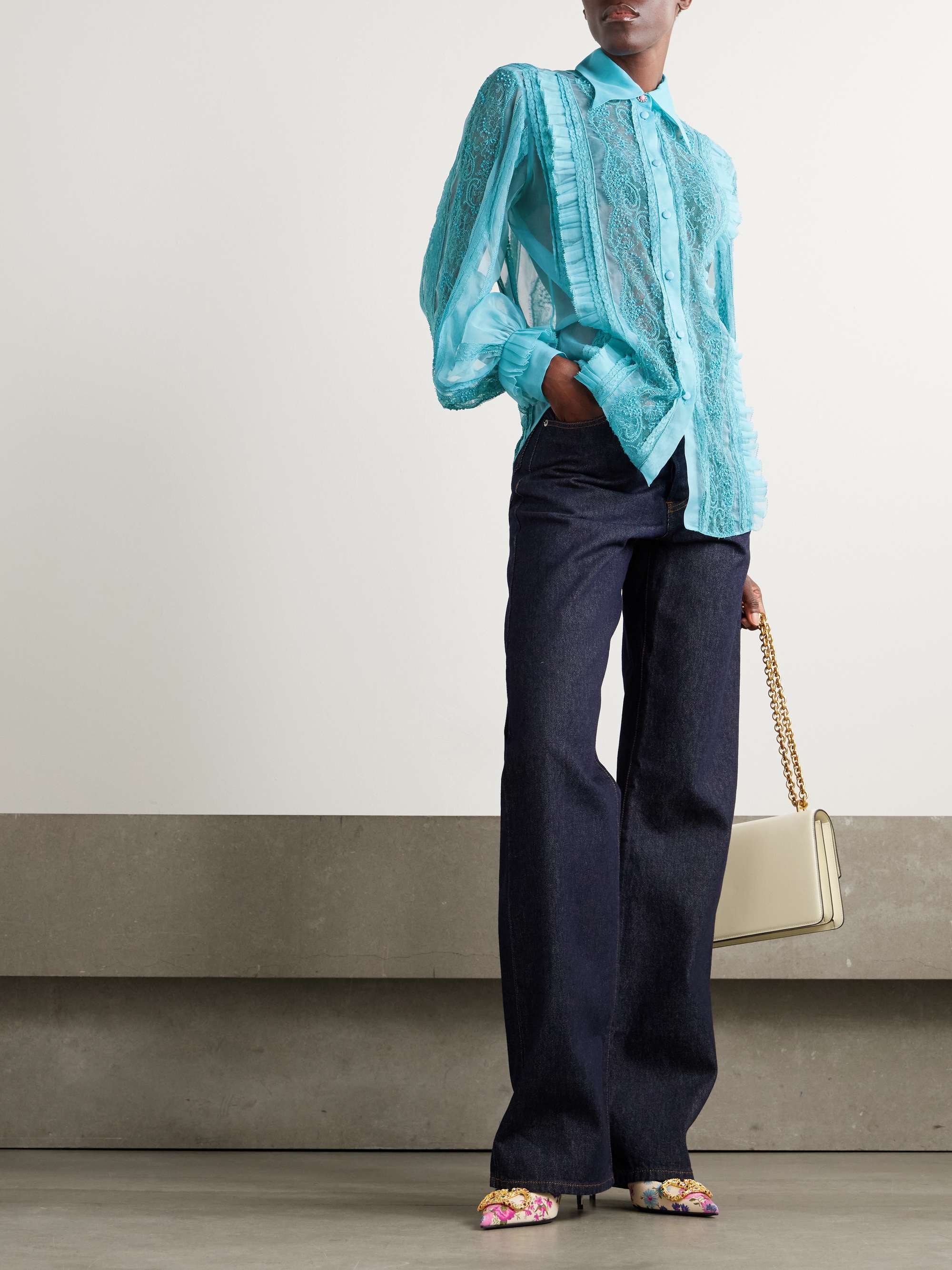 Pleated ruffled bead-embellished lace-trimmed silk-organza shirt view