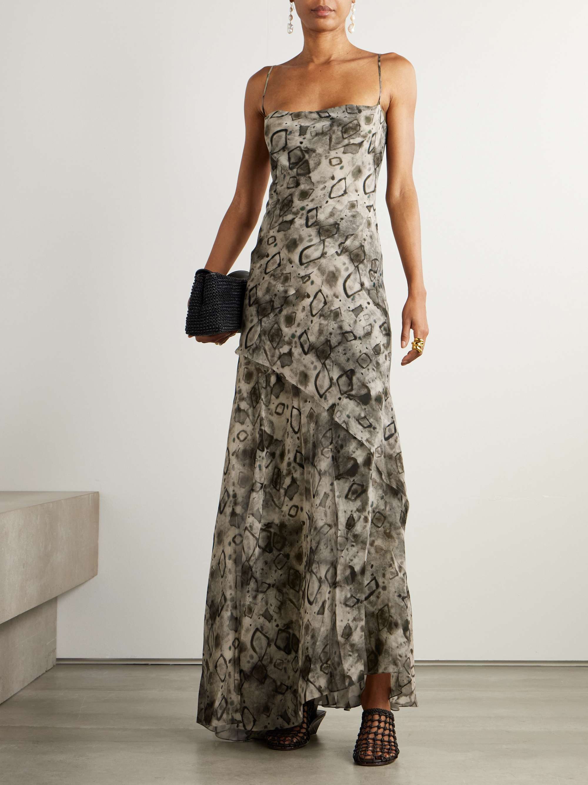 Meena draped frayed printed silk-georgette maxi dress view