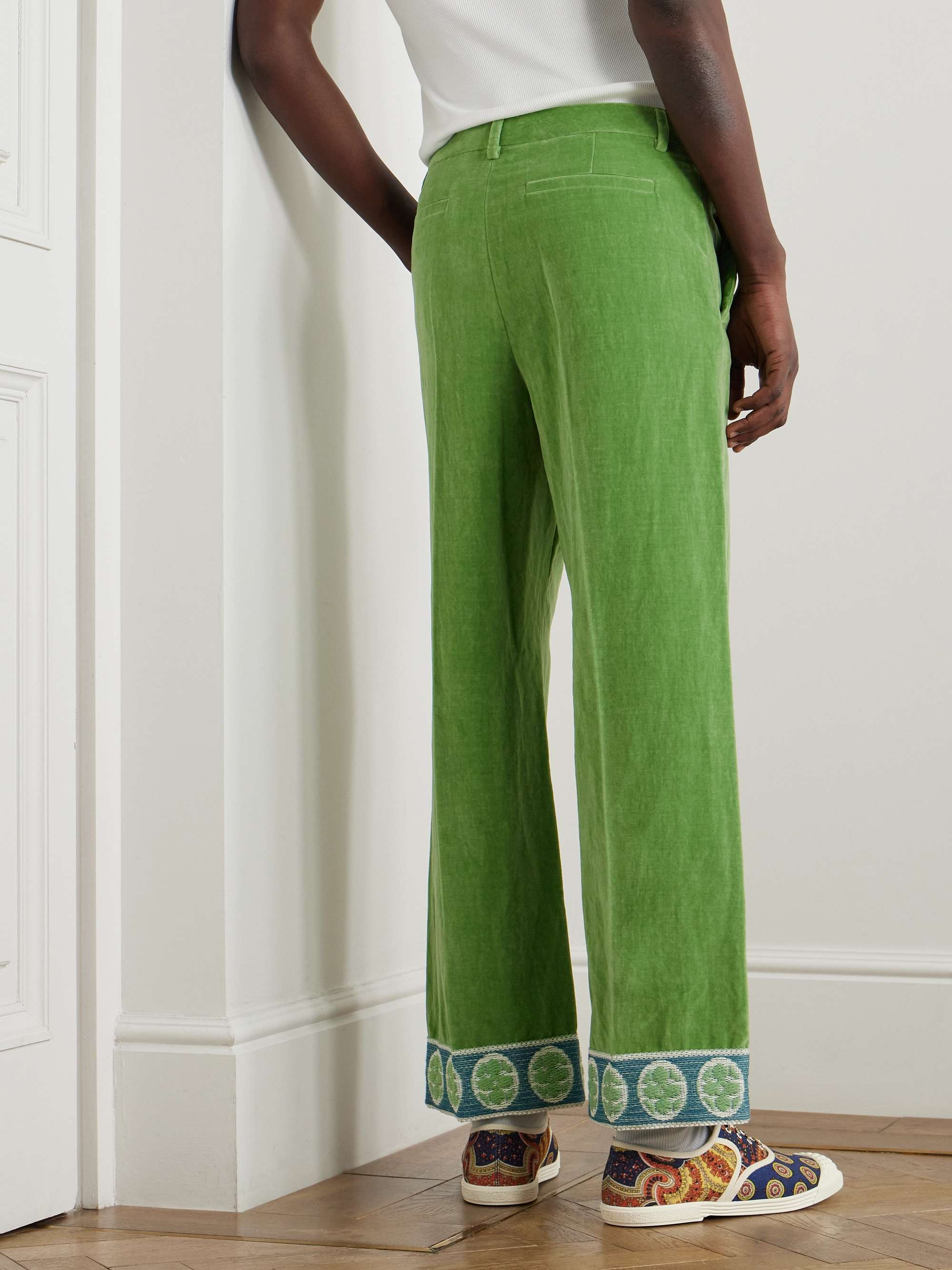 Flared Jacquard-Trimmed Cotton and Linen-Blend Velvet Trousers view