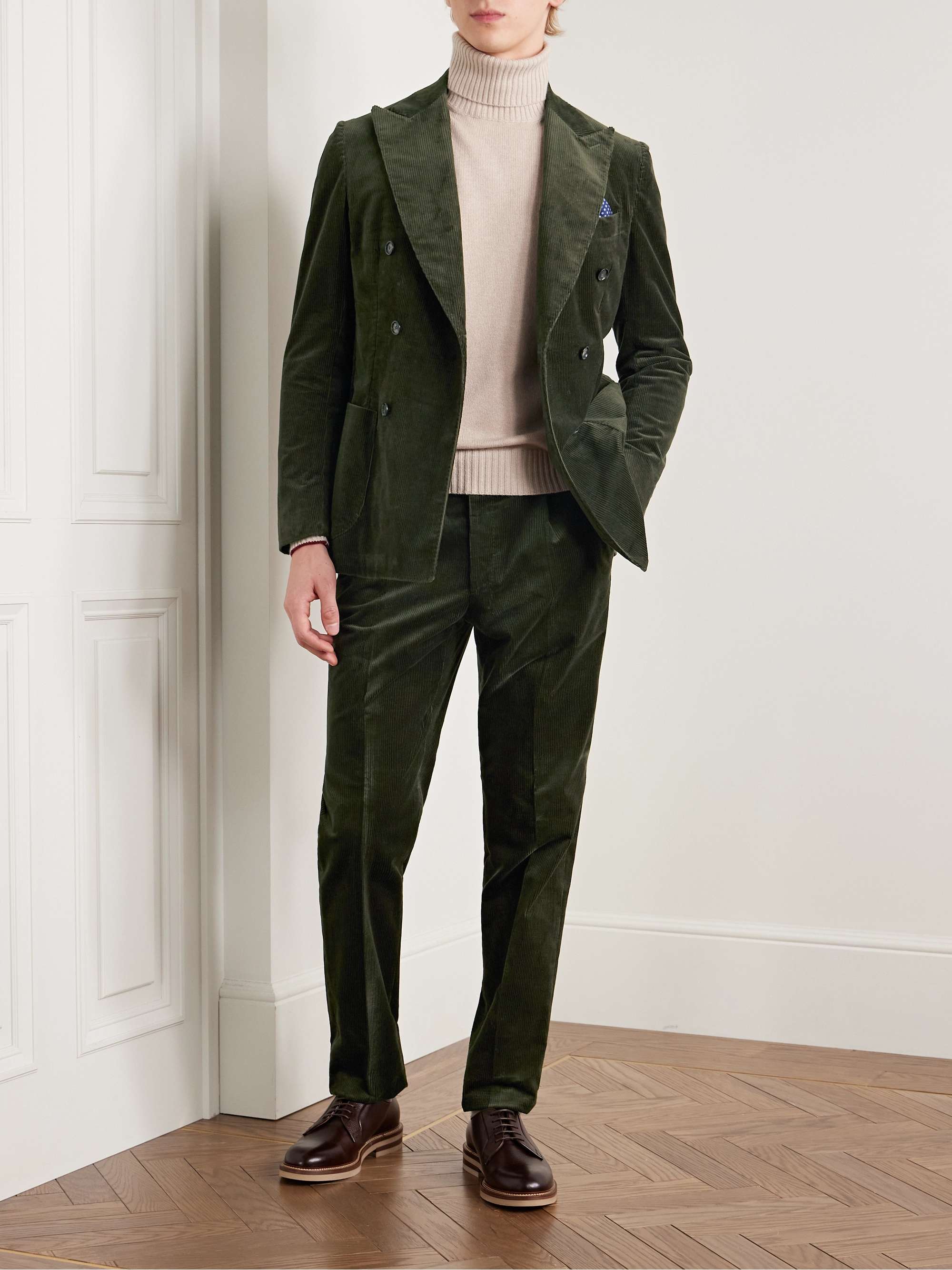 Slim-Fit Pleated Stretch-Cotton Corduroy Suit Trousers view