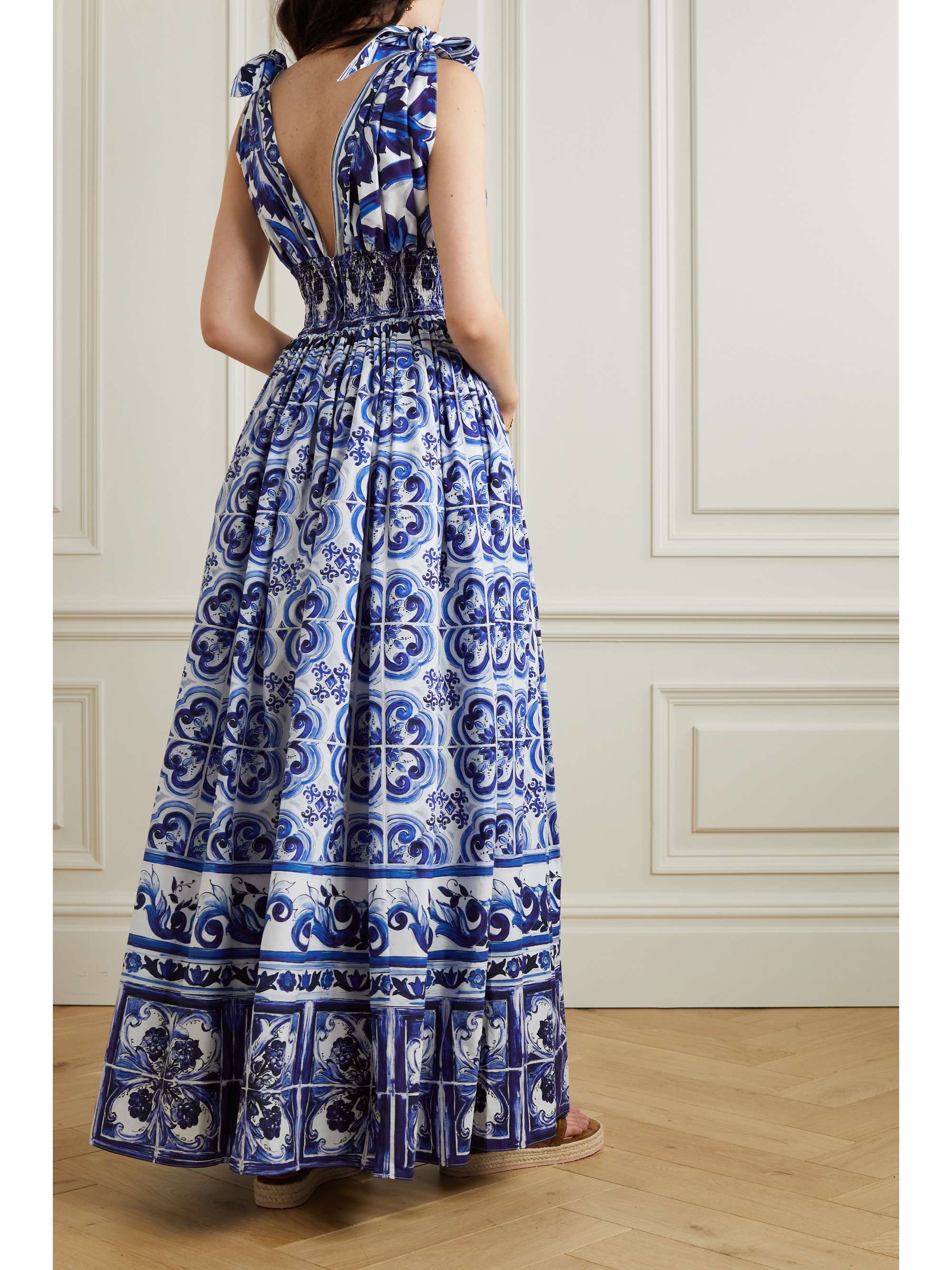 Maiolica open-back shirred printed cotton-poplin maxi dress view