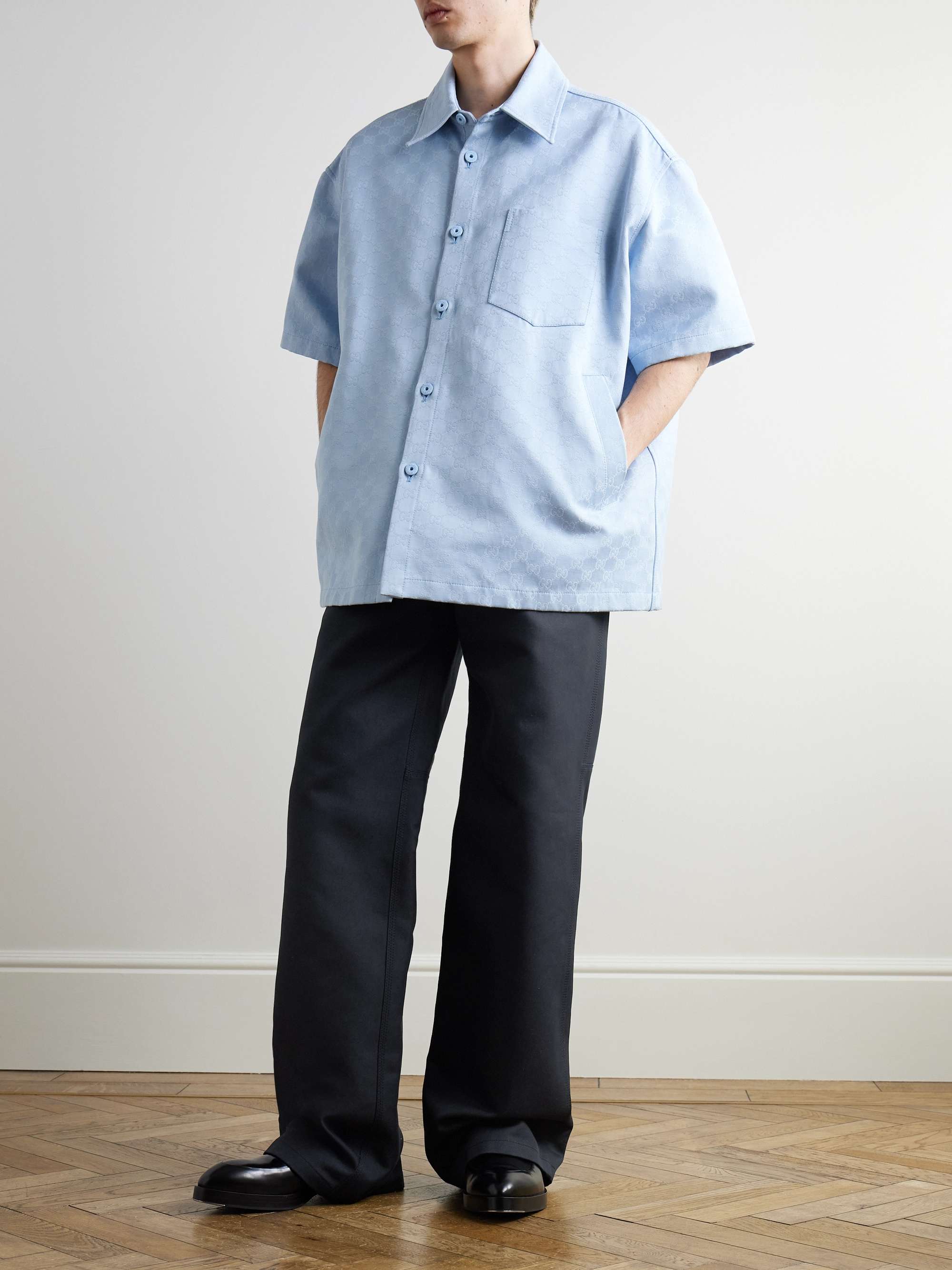 Wide-Leg Logo-Embellished Cotton-Blend Gabardine Trousers view