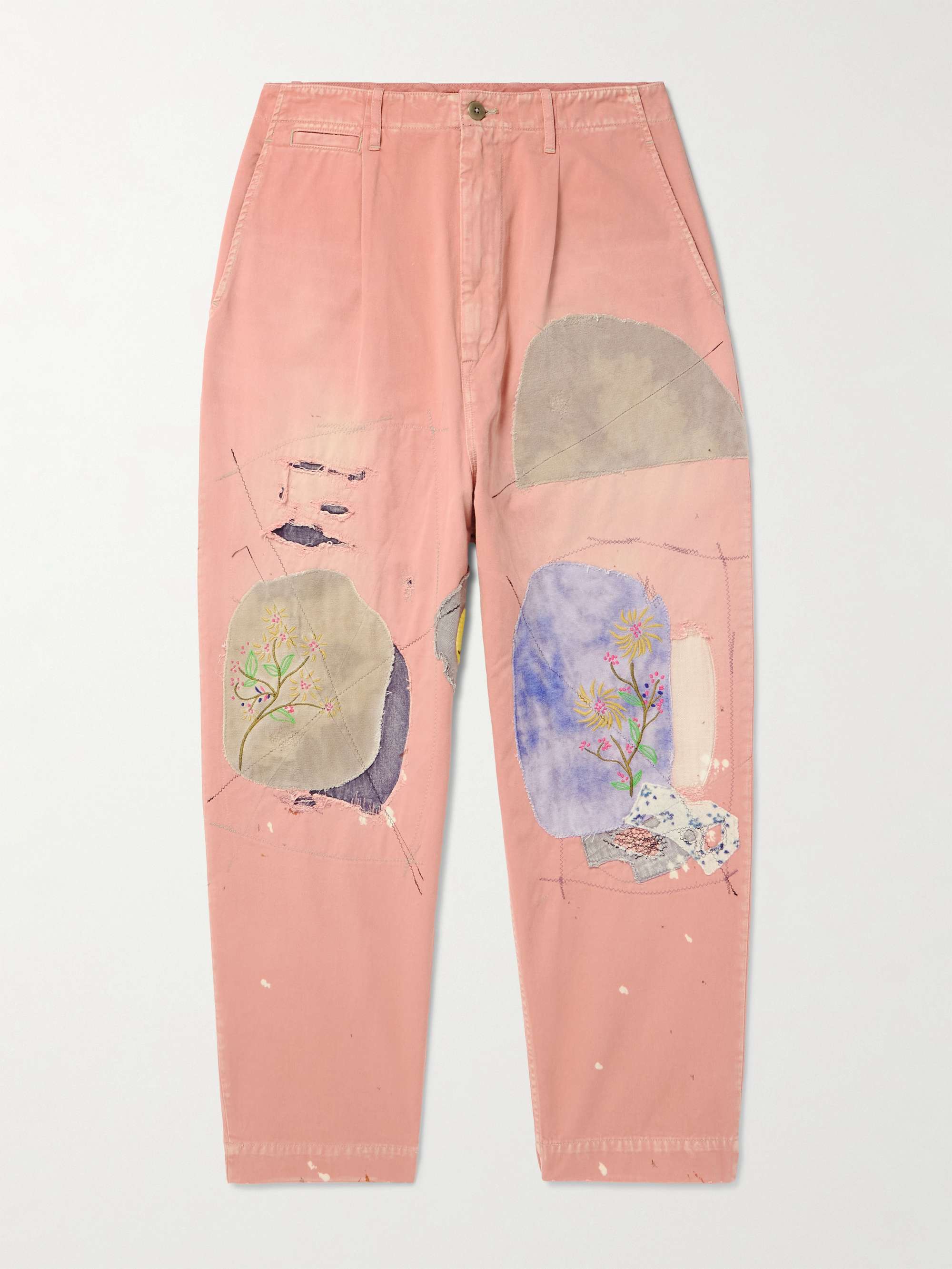 Katsuragi Tapered Appliquéd Distressed Cotton-Twill Trousers hero visual