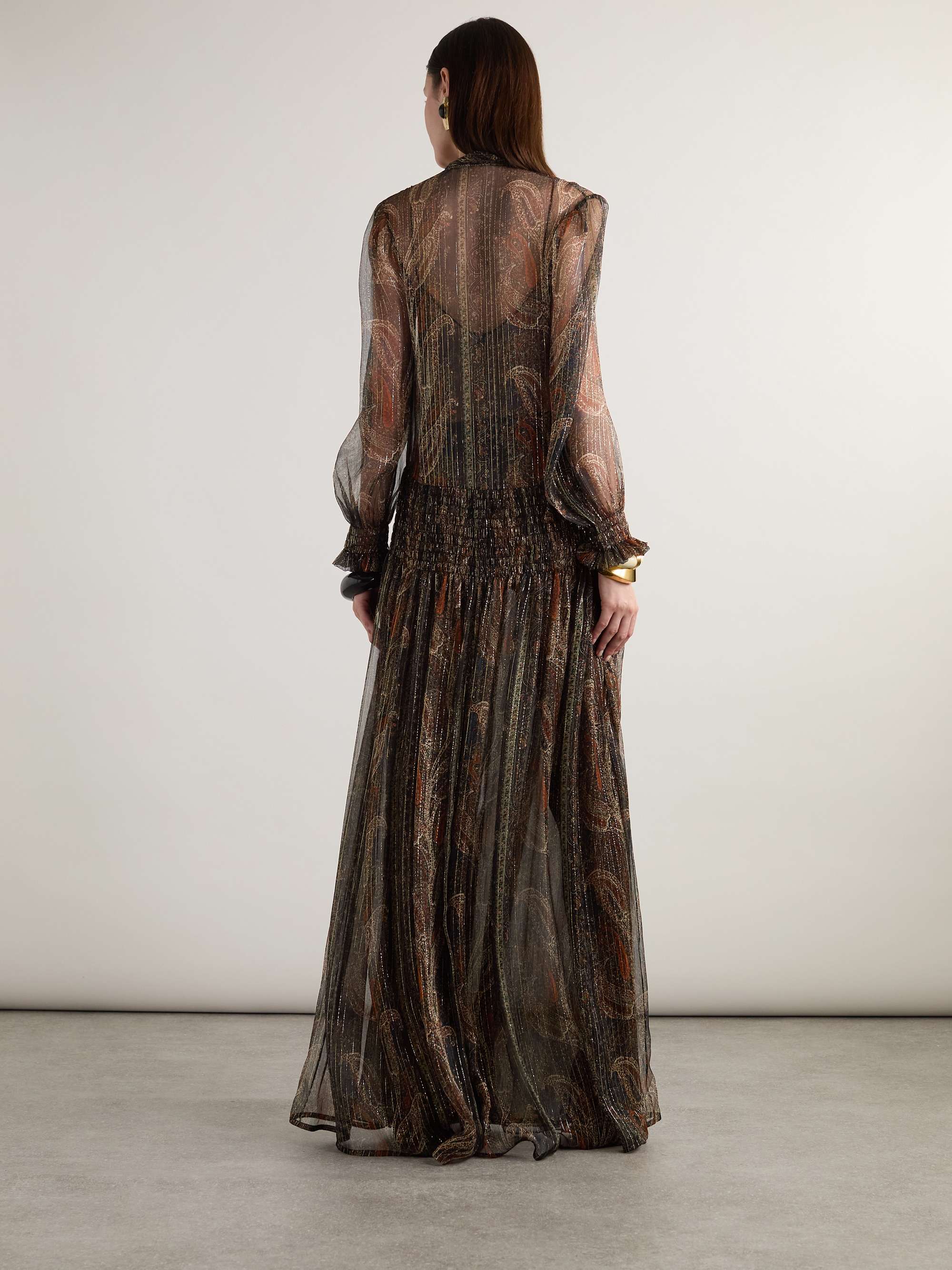 Smocked metallic paisley-print silk-blend chiffon maxi dress view