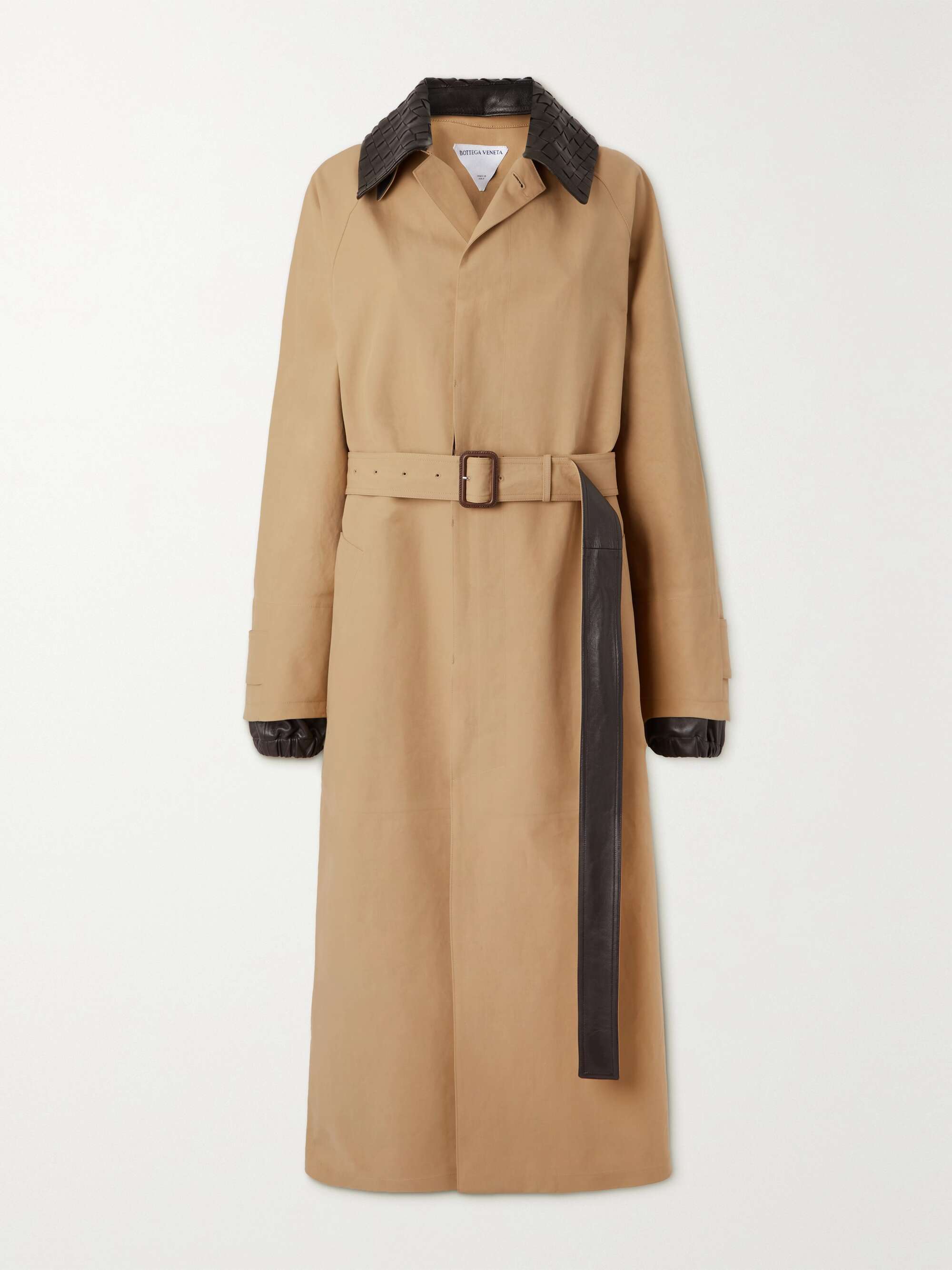 Belted leather-trimmed cotton-garbardine trench coat hero visual