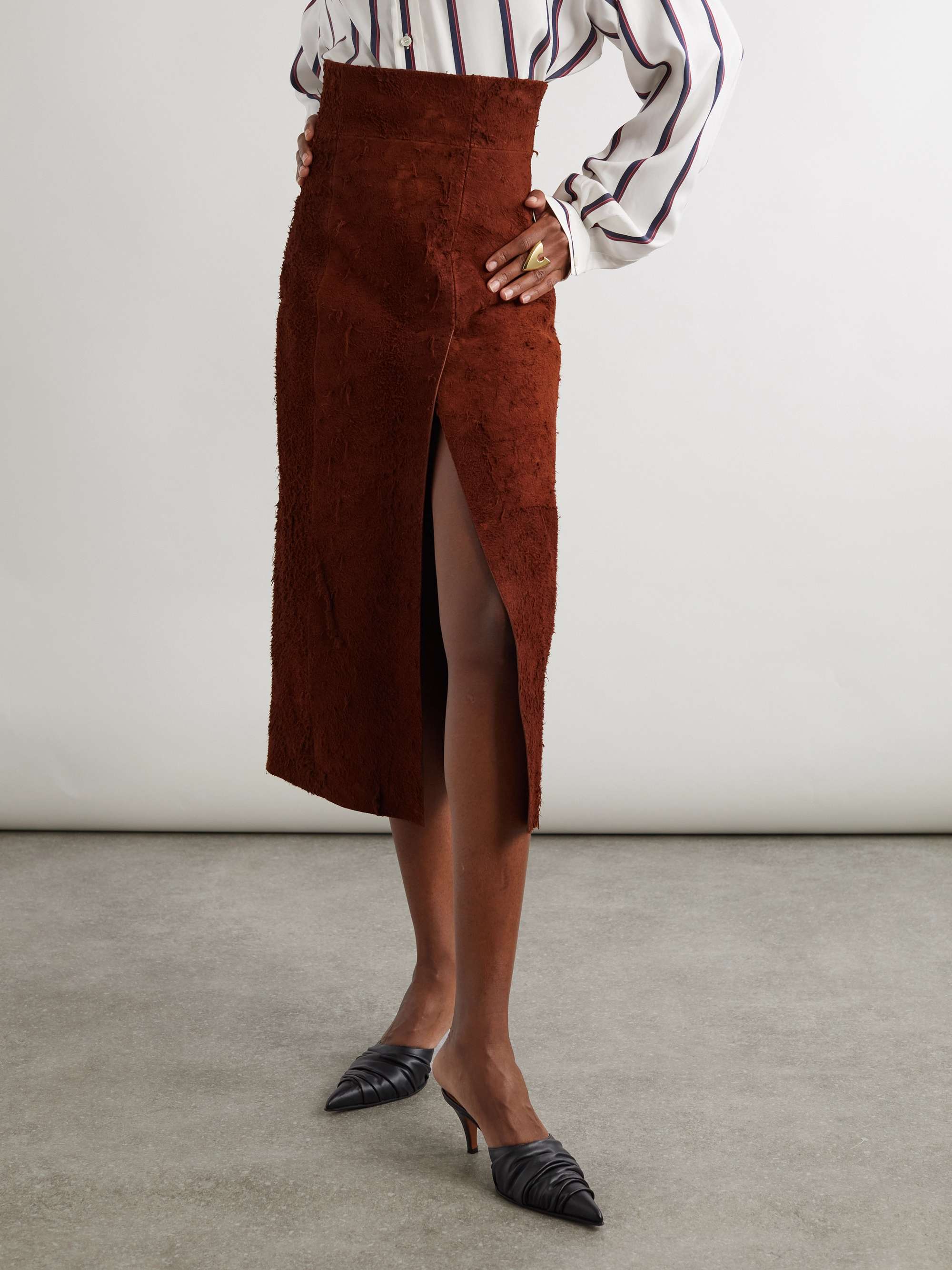 Distressed suede midi skirt view