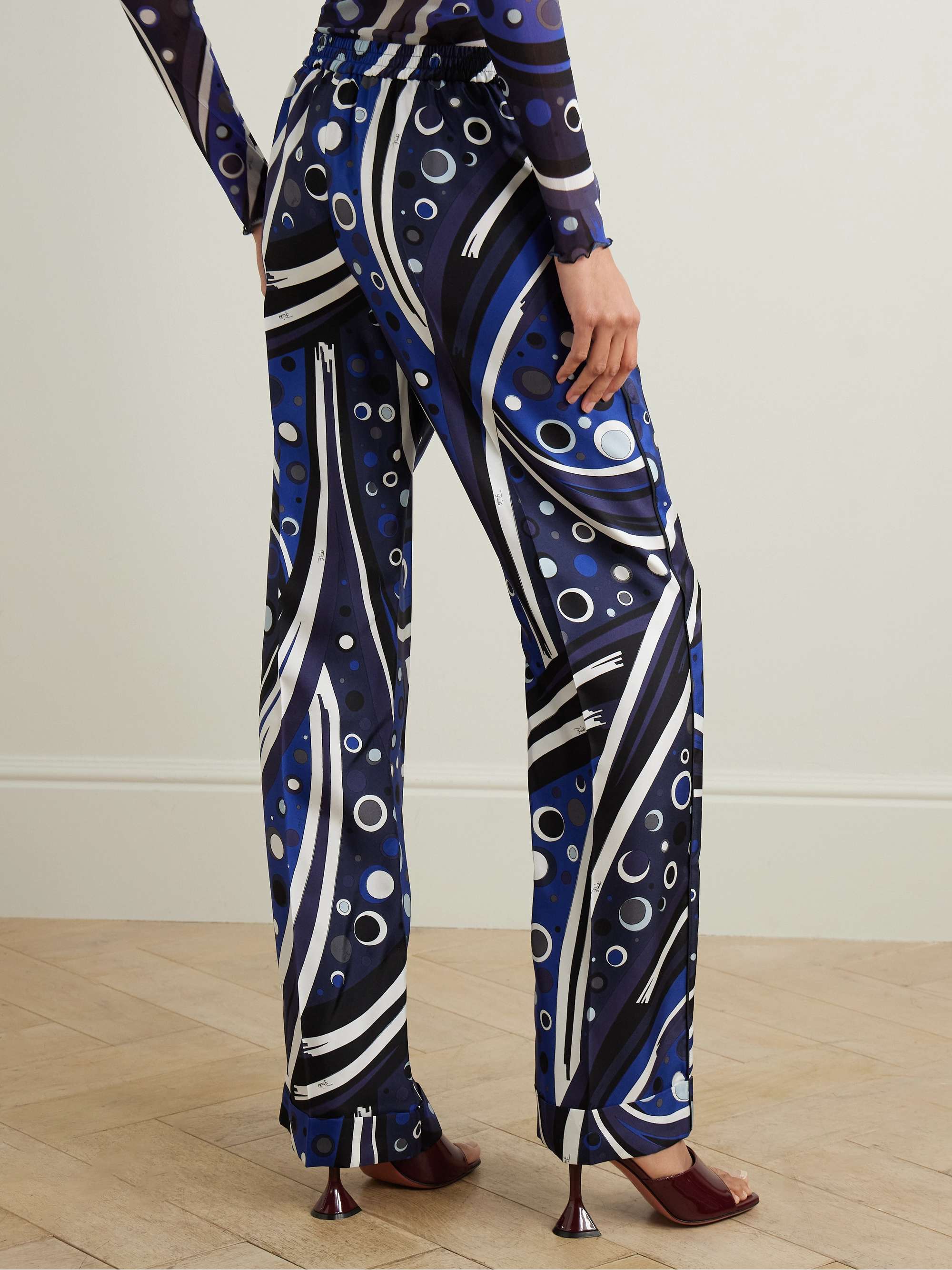 Printed silk-twill straight-leg pants view