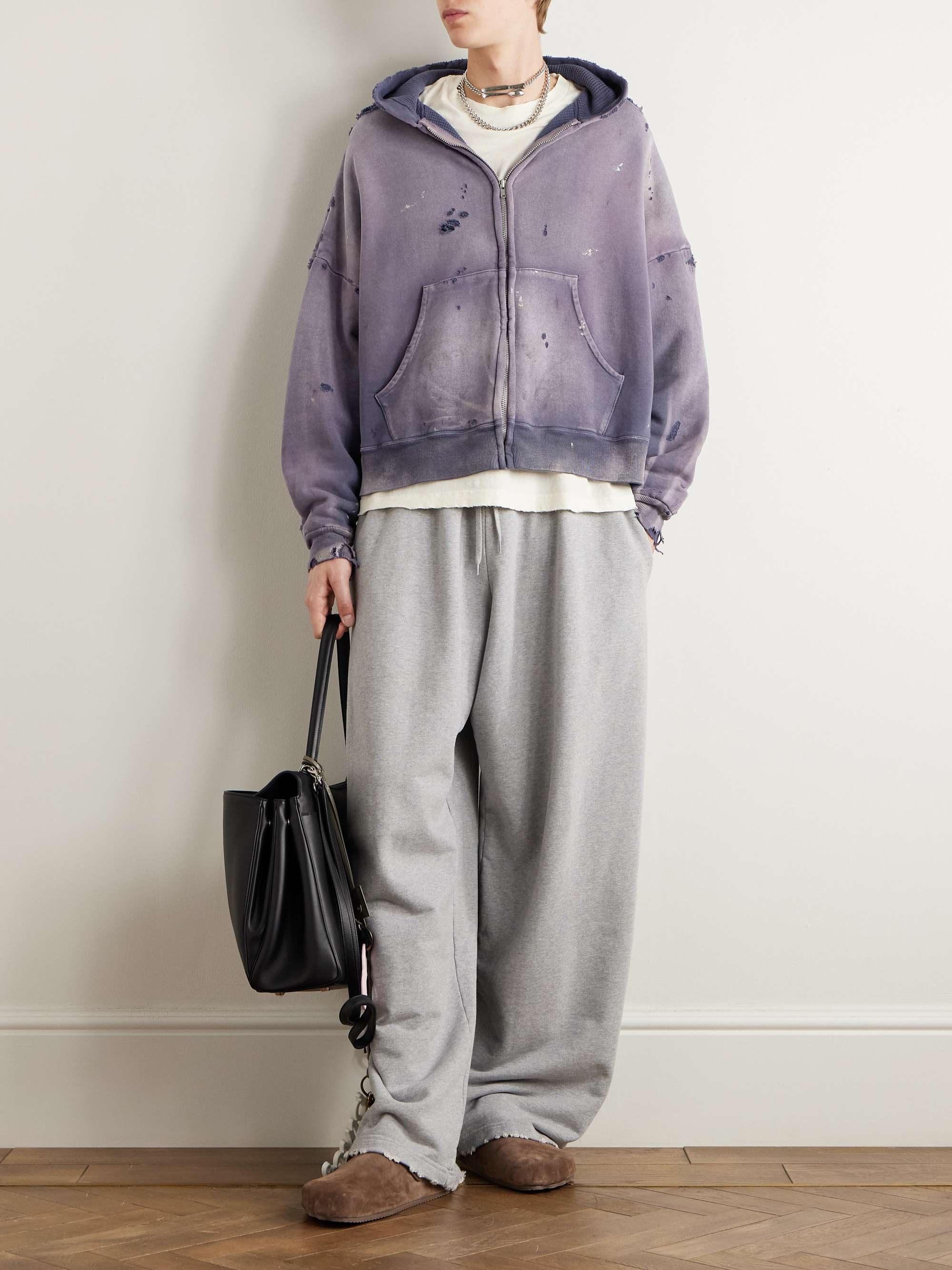 Oversized Distressed Cotton-Jersey Zip-Up Hoodie view