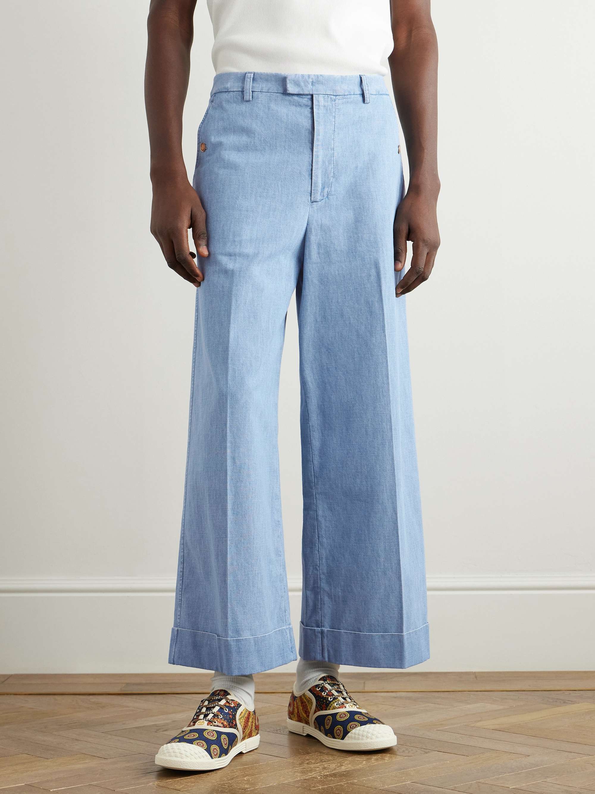 Wide-Leg Cotton-Chambray Trousers view