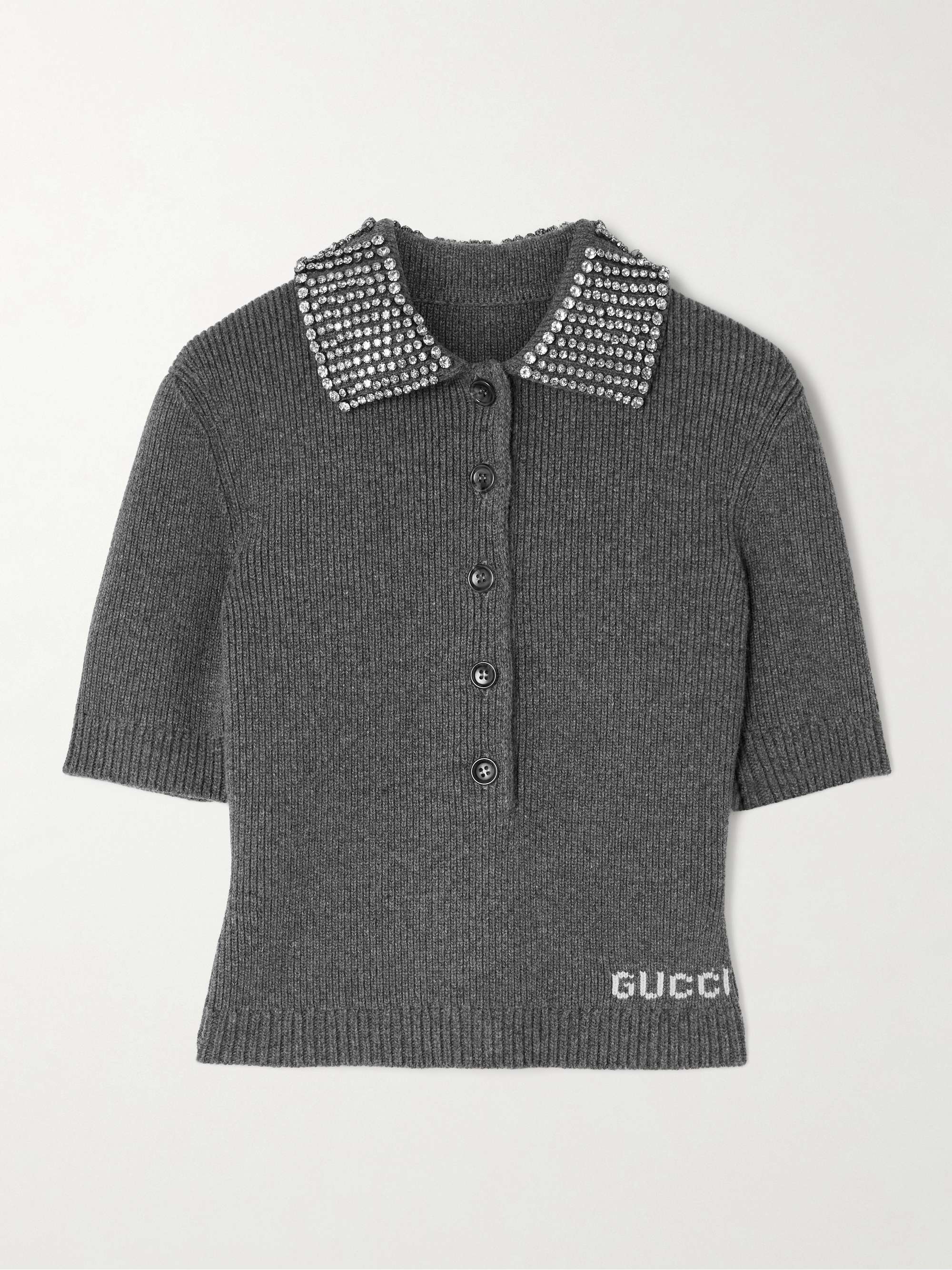 Crystal-embellished logo-jacquard ribbed wool polo shirt hero visual