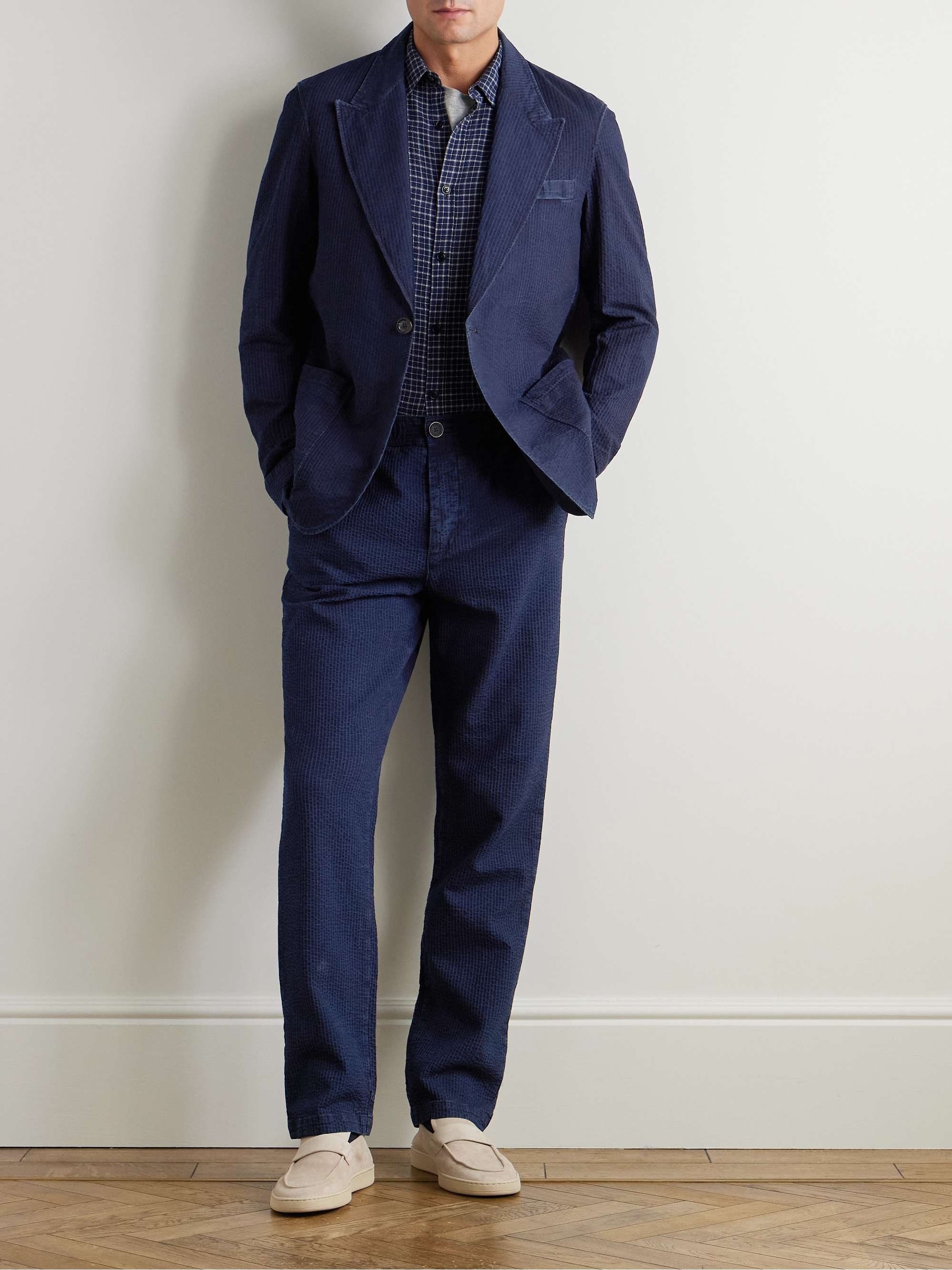 Straight-leg Indigo-Dyed Cotton-Seersucker Suit Trousers view