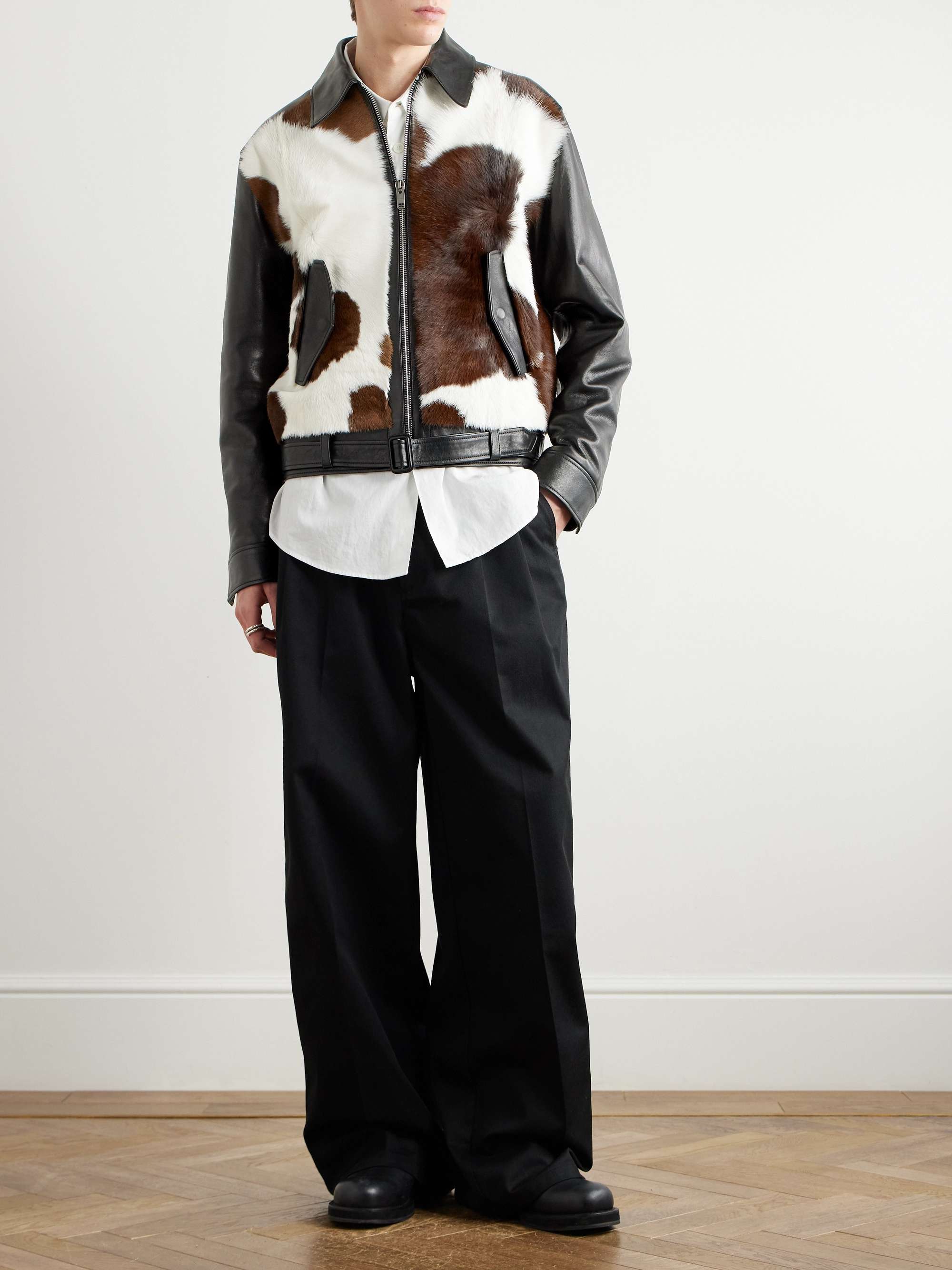 Slim-Fit Belted Cow-Print Calf Hair and Leather Jacket view