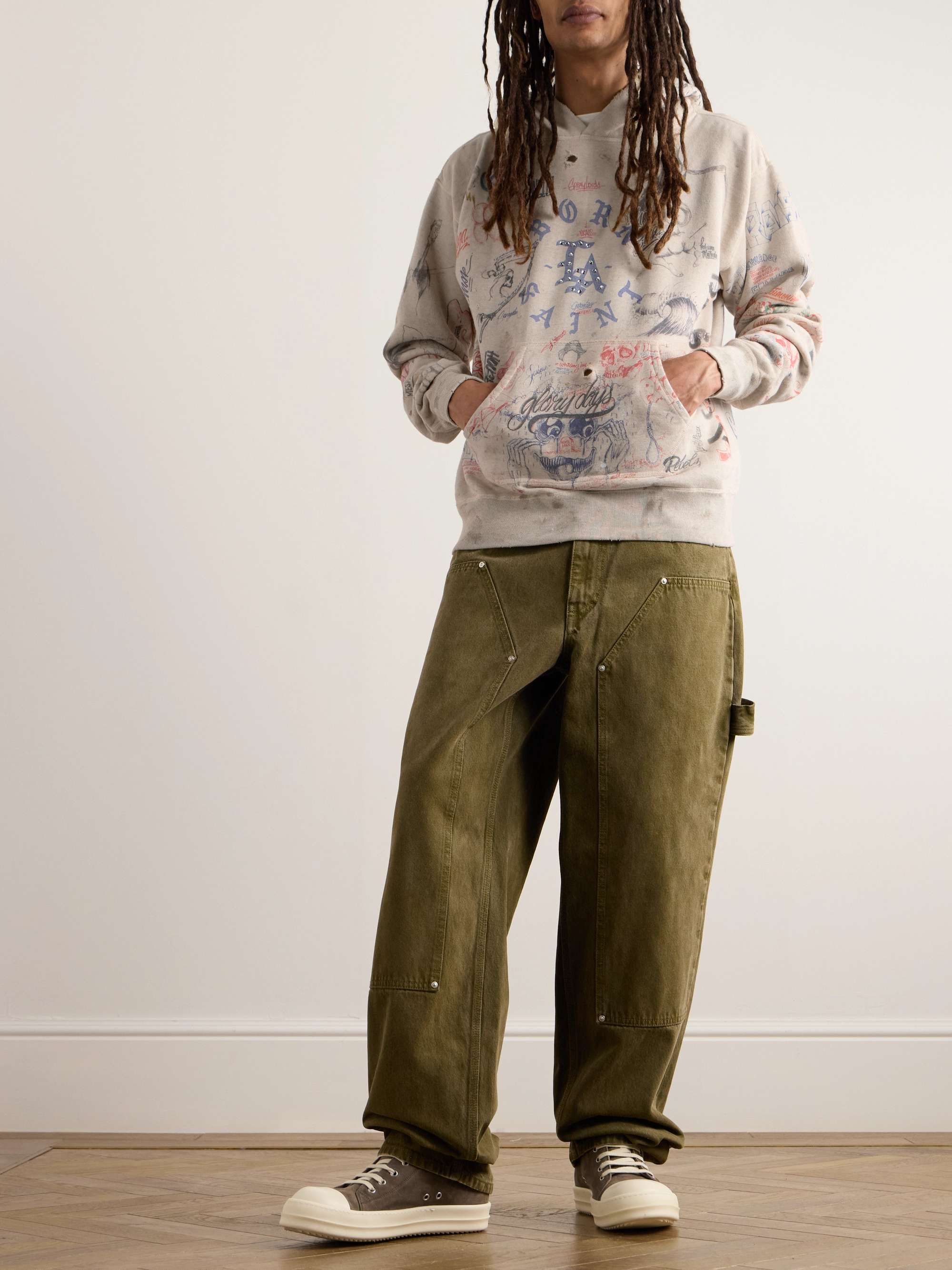 + Born X Raised Distressed Crystal-Embellished Printed Cotton-Jersey Hoodie view